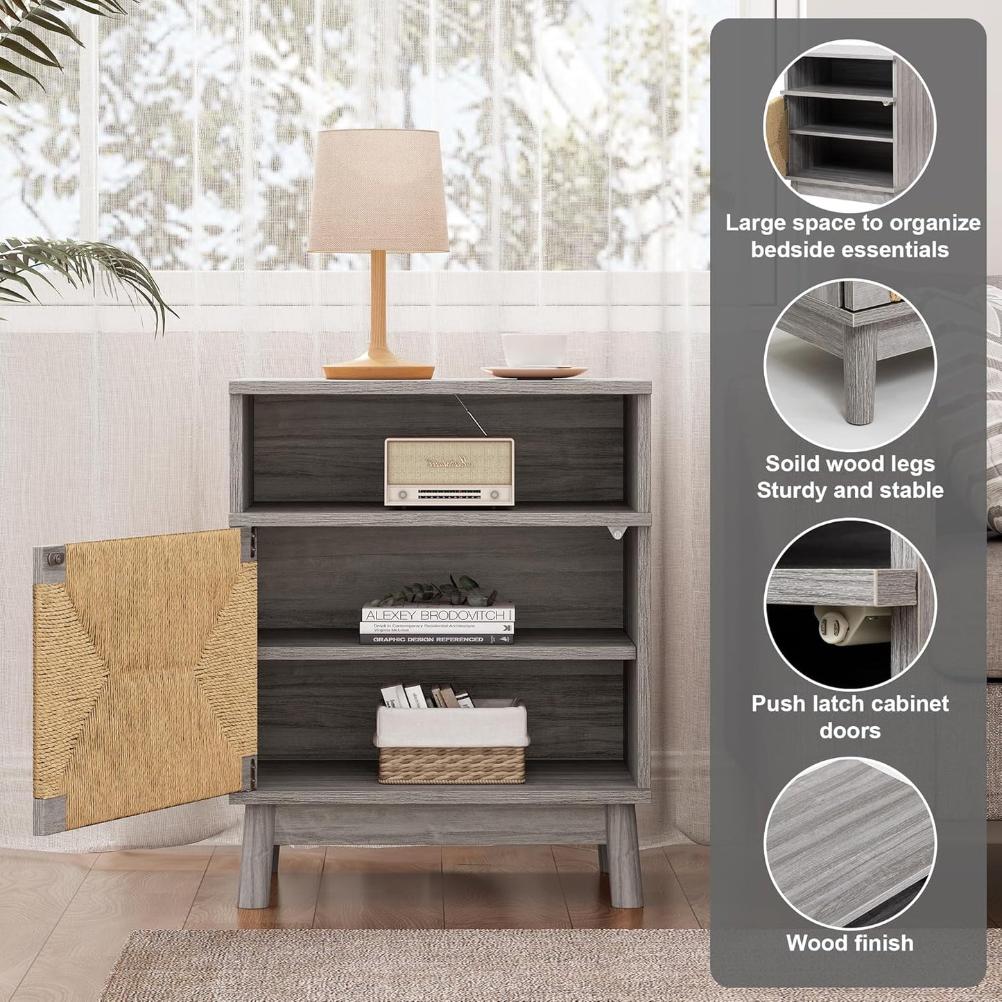 brafabhome Bohemian Rattan Nightstand Set of 2, Wood Bedside Table with Drawers for Bedroom Living Room, Beige