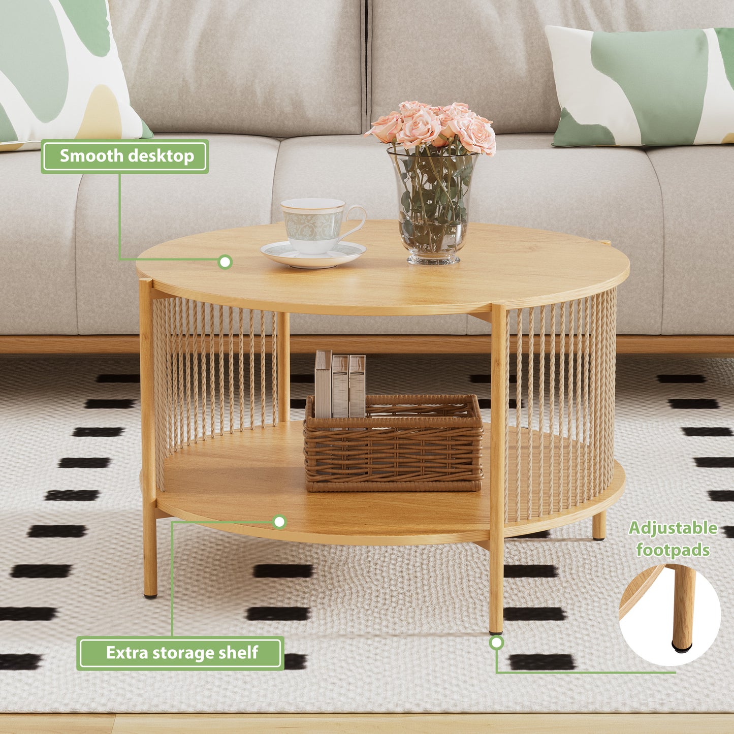 Brafabhome Oval Boho TV Console, Mid-Century Modern, Up to 65", Hand-Woven Ropes, Sturdy Steel Leg