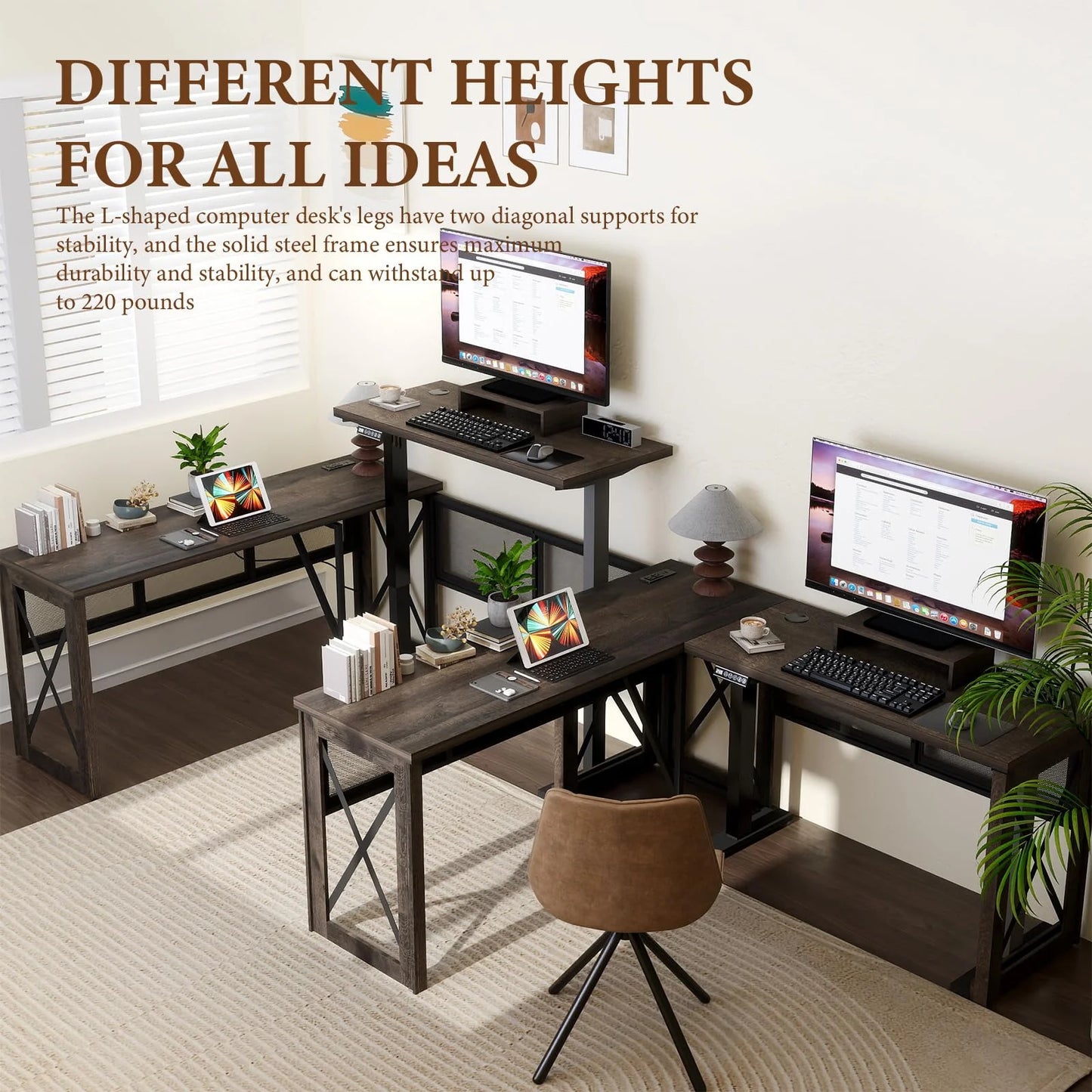 Brafabhome L Shaped Adjustable Standing Desk with Power Outlets, 61 Inch Electric Computer Desk for Work Office Home