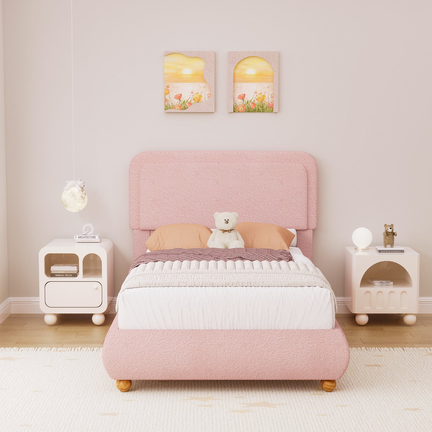 Brafabhome Twin Size Bed Frame with Round Corner Headboard, Soft Boucle Cloud Upholstered Fluffy Platform Bed with Bump-Proof Edge Footboard for Kids, No Box Spring Needed | Pink