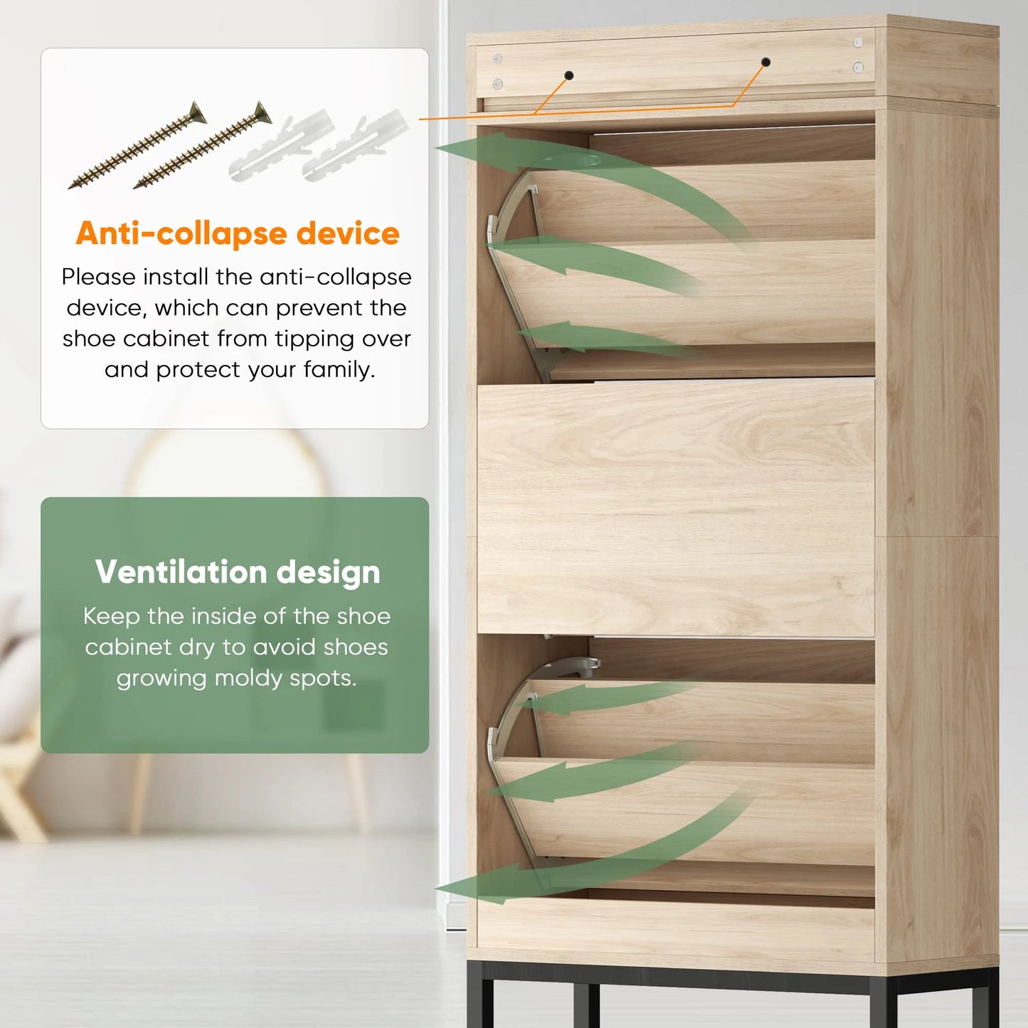 Brafabhome Shoe Rack Storage Organizer with 3 Flip Doors, Entryway Wooden Shoe Cabinet for Sneakers, Leather Shoes, High Heels, Slippers
