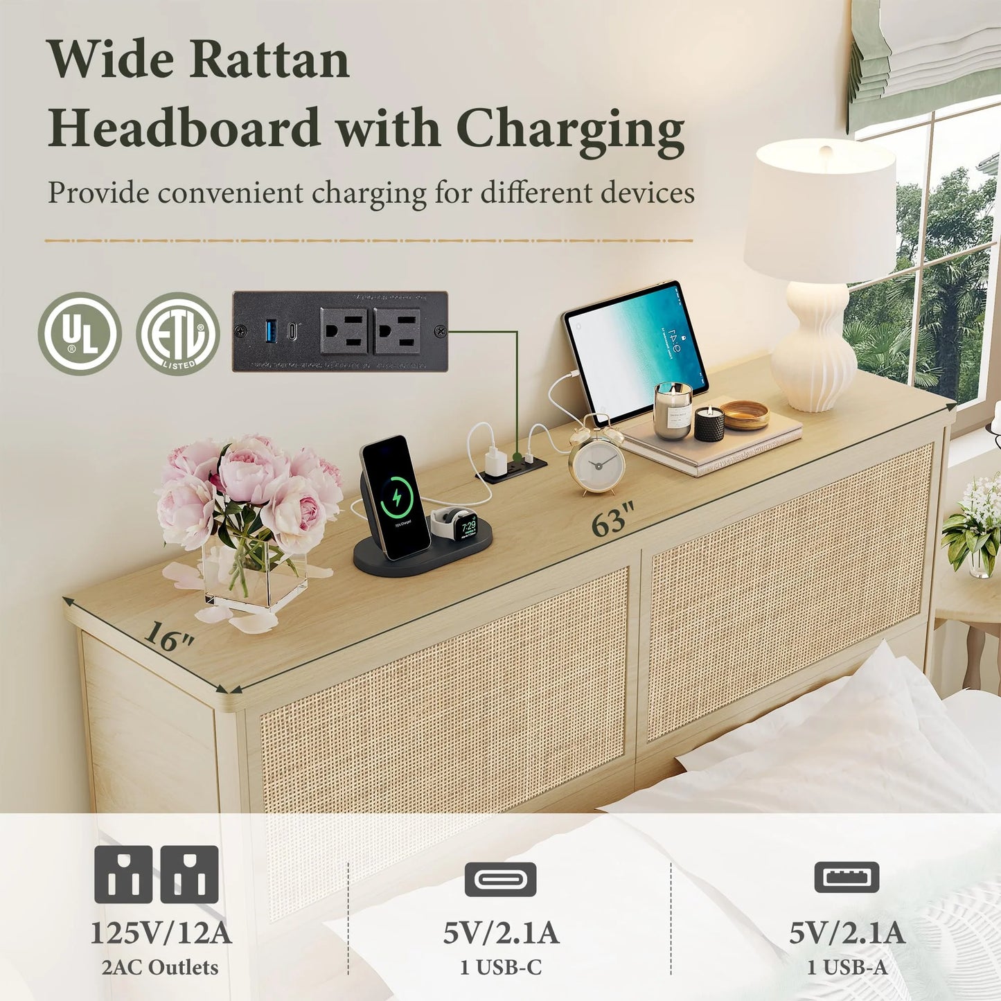 Brafabhome Boho Rattan Queen Beds with Charging Station Headboard, Farmhouse Wood Bed Frames With 10 Storage Drawers for Bedroom Apartment Hotel, No Box Spring Needed