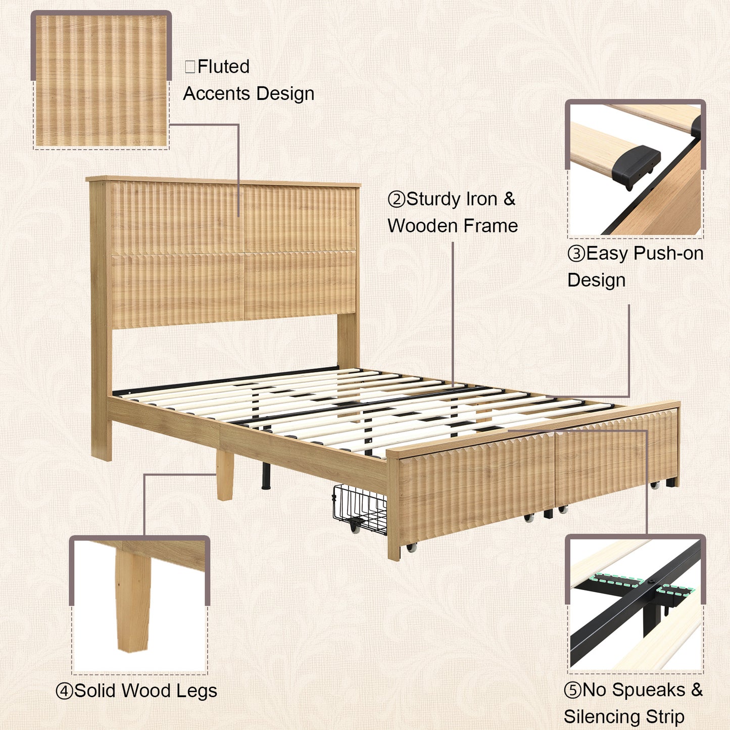Brafabhome Accent Fluted Queen Bed Frame with Charging Station Headboard, Retro Wood Platform Bed Frame with Solid Wood Leg and 2 Storage Drawers for Bedroom Apartment, No Box Spring Needed