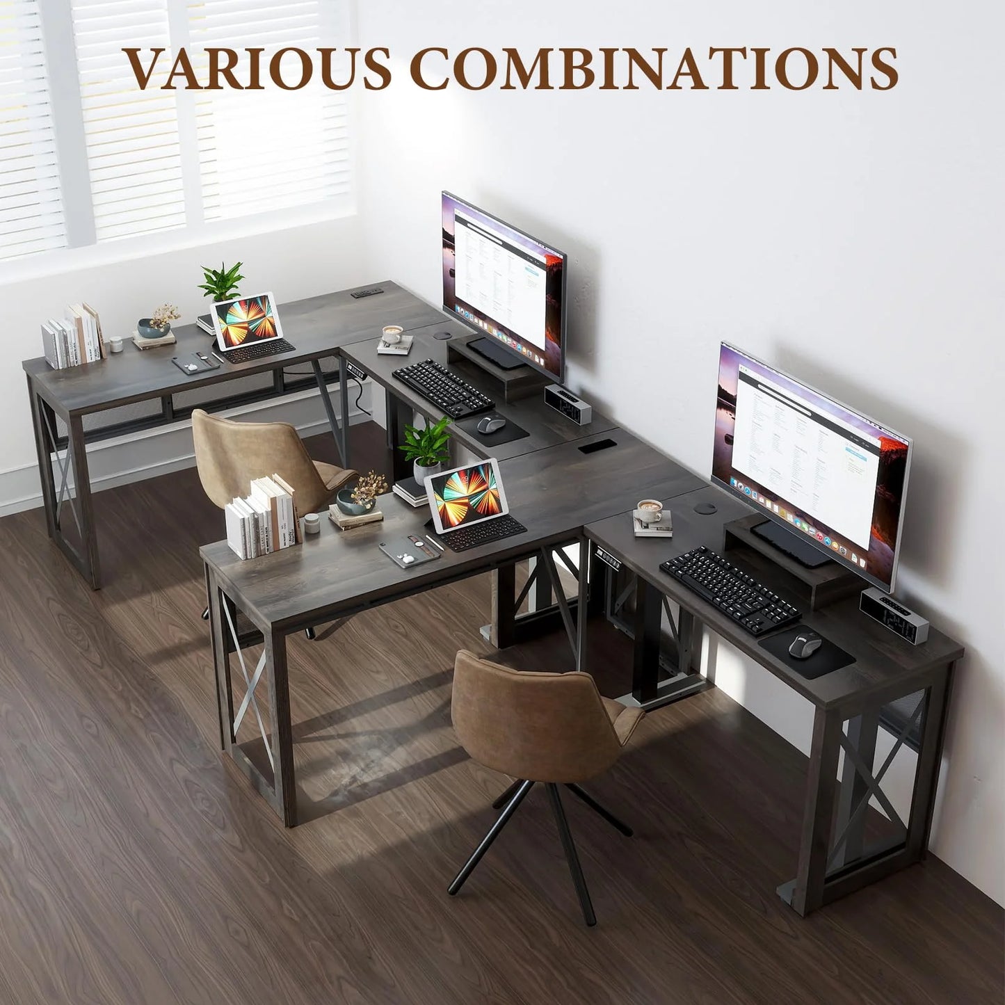 Brafabhome L Shaped Adjustable Standing Desk with Power Outlets, 61 Inch Electric Computer Desk for Work Office Home