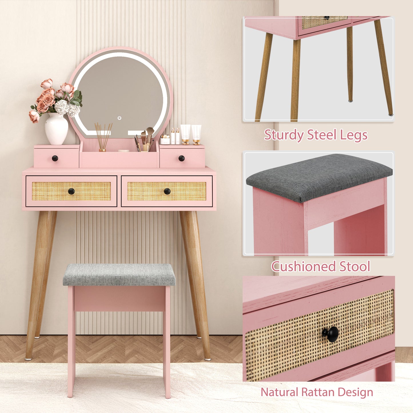 Brafabhome Vintage Boho Vanity Table Set with Adjustable Lighted Mirror and Stool, Modern Dressing Table Set with Drawers and Storage Shelves for Makeup Room Bedroom | Green