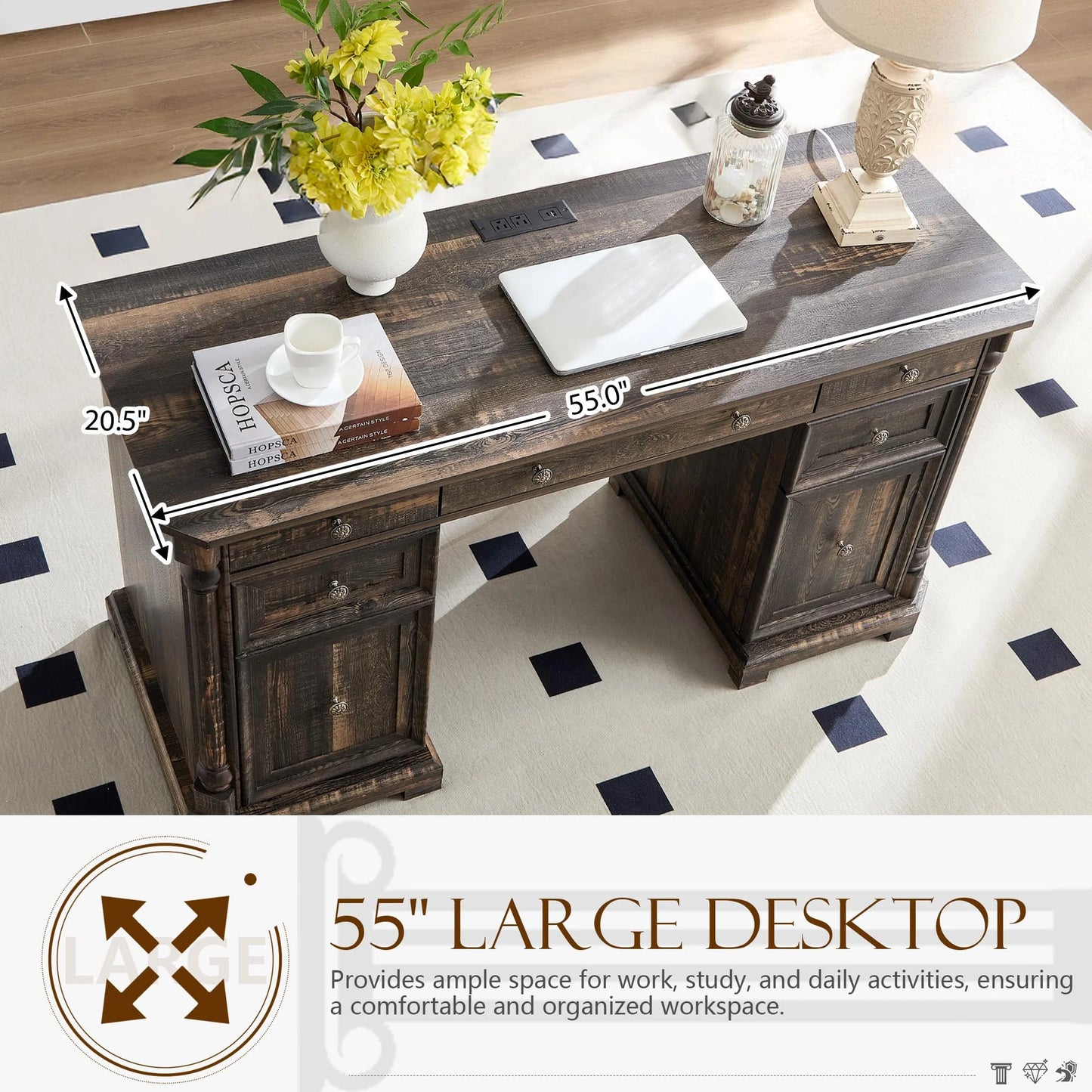 Brafabhome Executive Desk Computer Writing Desks with Charging Station, 55 x 20.5 in, Weathered Reclaimed Oak