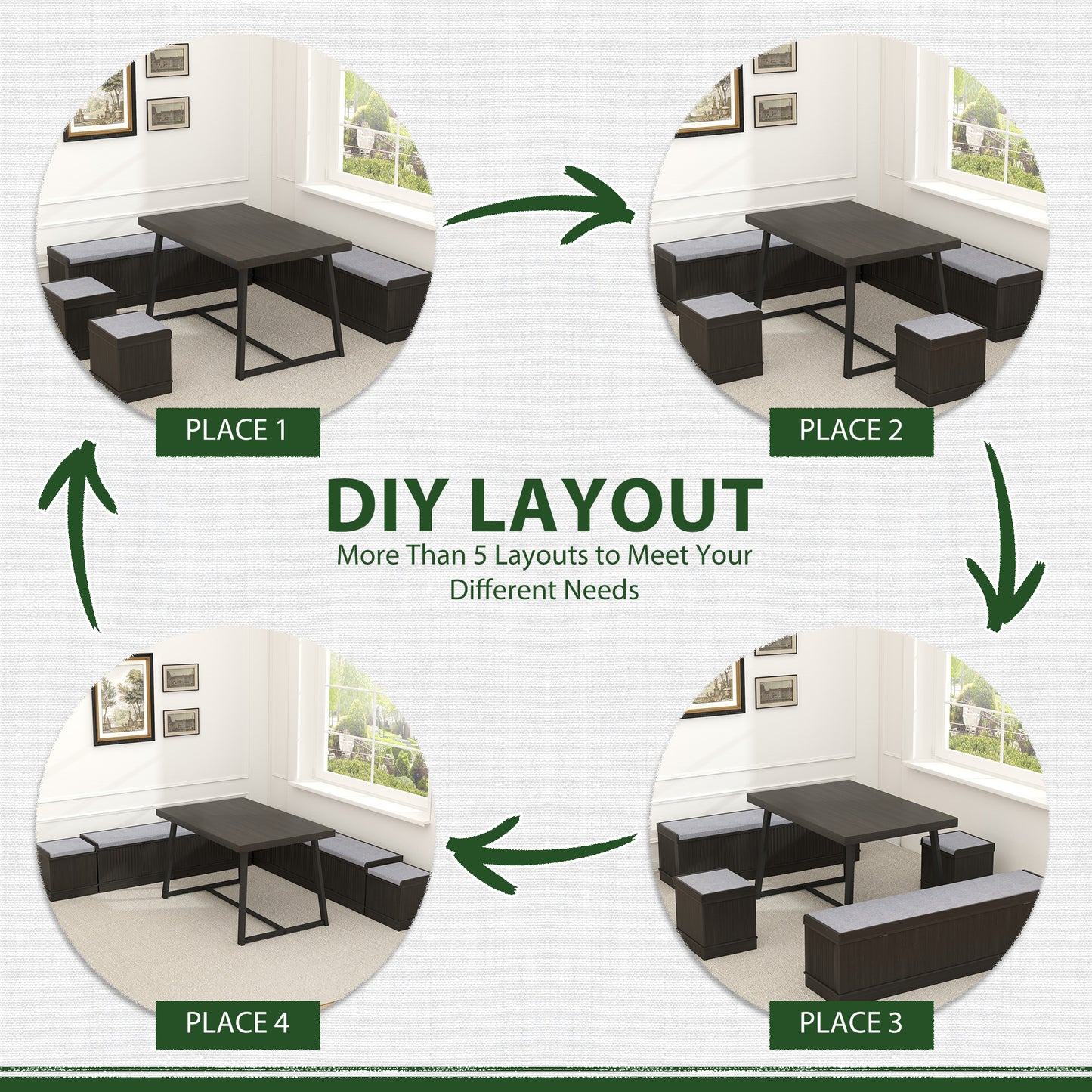 Brafabhome 6 PCS Dining Table Set with Storage Bench, Modern Corner Breakfast Nook with Cushions Stool for 6, Suitable for Kitchen and Dining Room