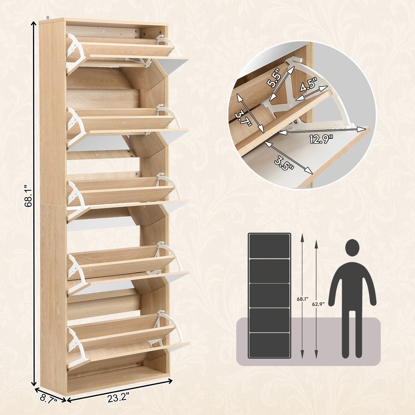 Brafabhome Mirror Shoe Cabinet with 5 Flip Doors, 30-Pairs Shoe Organizer Cabinet for Hallway, Modern Entryway Shoe Storage for Slippers Sneakers | Nature