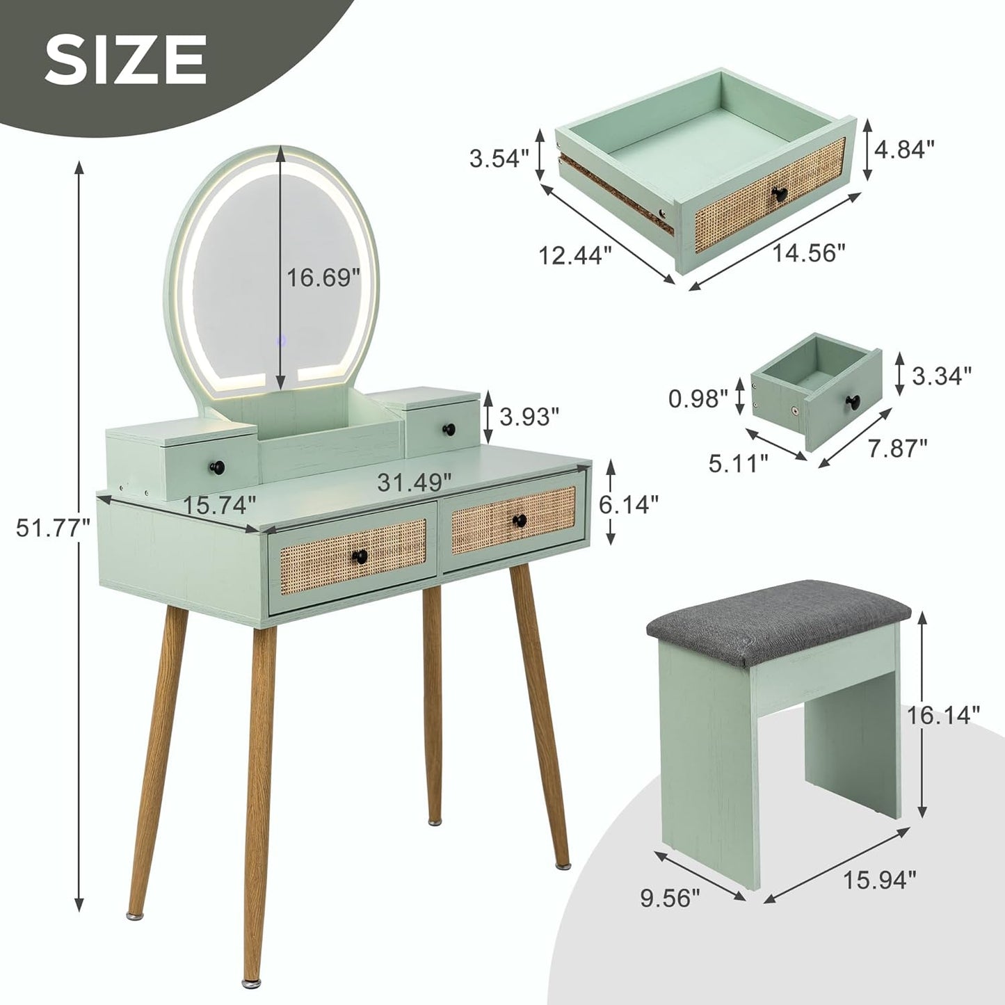 Brafabhome Vintage Boho Vanity Table Set with Adjustable Lighted Mirror and Stool, Modern Dressing Table Set with Drawers and Storage Shelves for Makeup Room Bedroom | Green