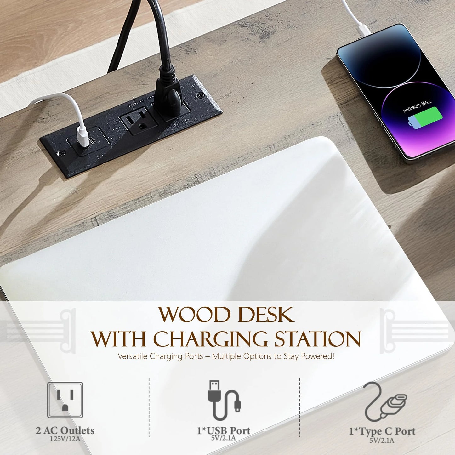 Brafabhome Executive Desk Computer Writing Desks with Charging Station, 55 x 20.5 in, Weathered Reclaimed Oak