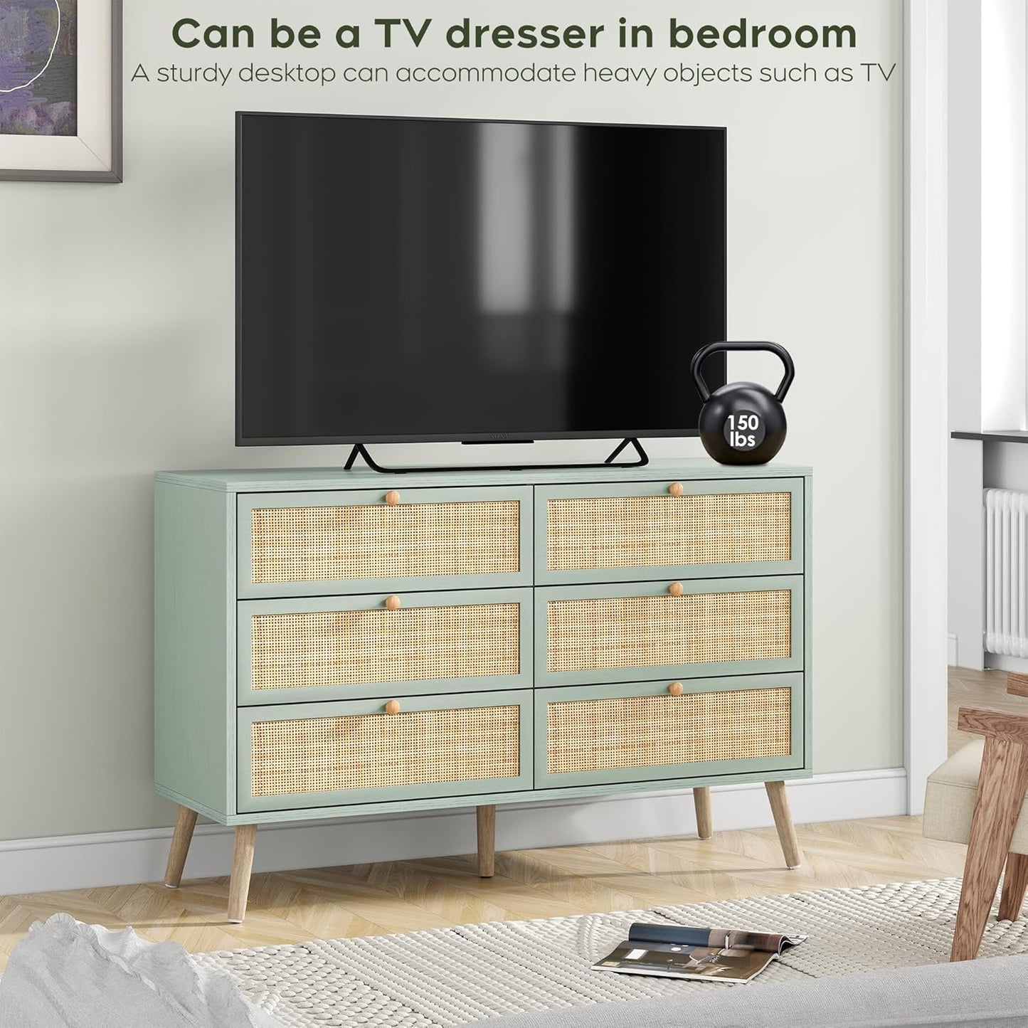 Brafabhome Mid-Century Modern Dresser with Hand-Woven Natural Rattan, Vintage Green Boho 6 Drawer Double Dresser with Wooden Legs