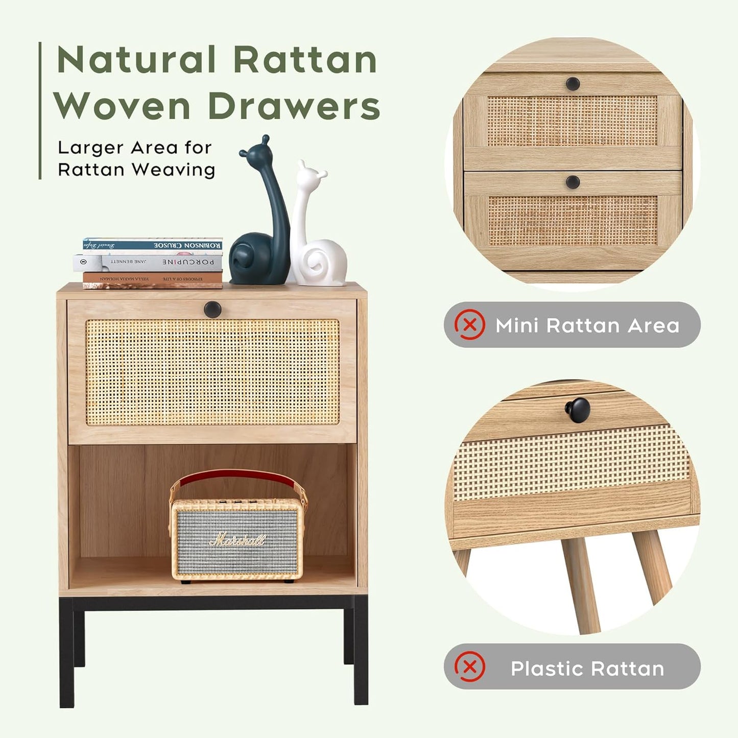 brafabhome Bohemian Rattan Nightstand Set of 2, Wood Bedside Table with Drawers for Bedroom Living Room, Beige