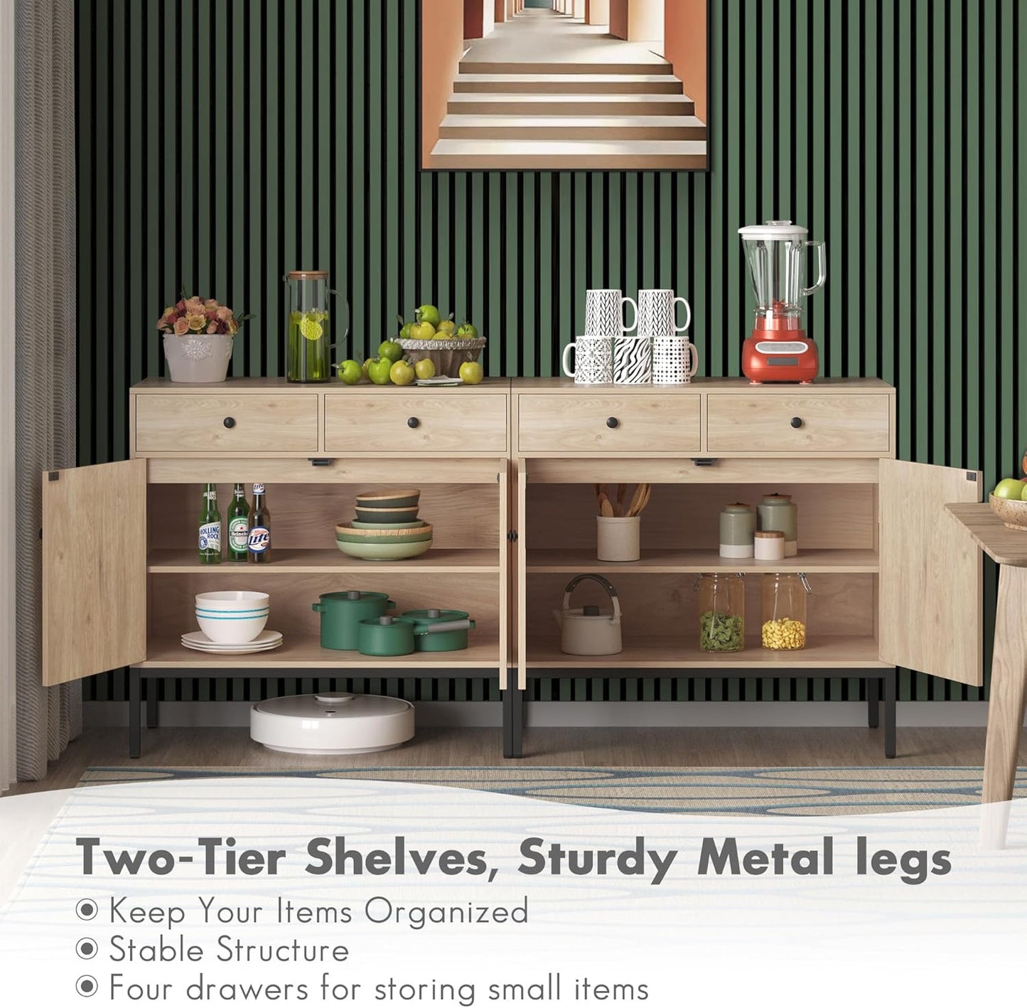 Brafabhome Sideboard Storage Cabinet with Handmade Natural Rattan Doors, Buffet Cabinet with Storage, for Living Room, Dining Room, Entryway, Kitchen