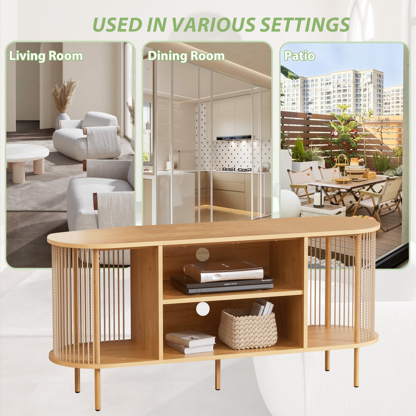 Brafabhome Oval Boho TV Console, Mid-Century Modern, Up to 65", Hand-Woven Ropes, Sturdy Steel Leg