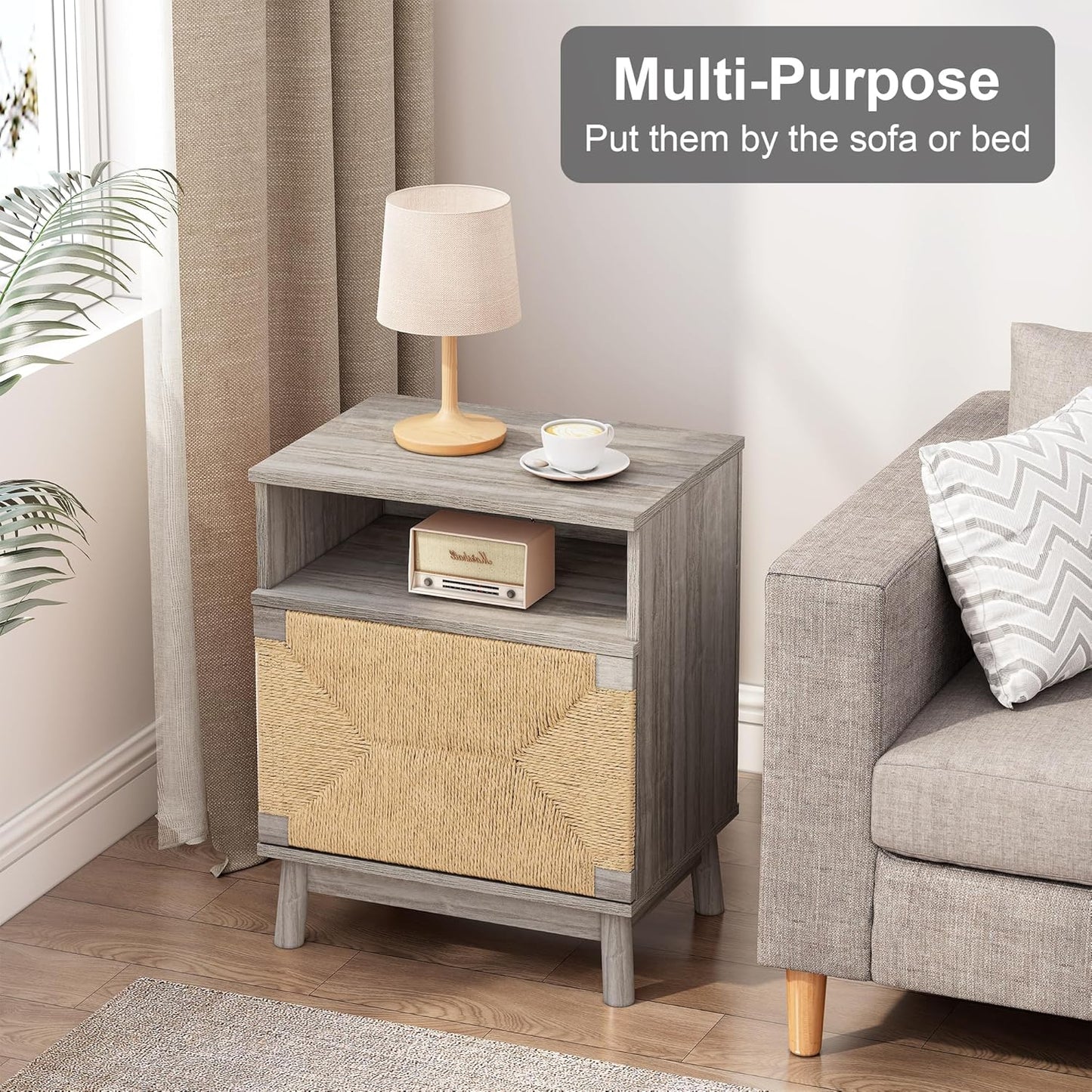 brafabhome Bohemian Rattan Nightstand Set of 2, Wood Bedside Table with Drawers for Bedroom Living Room, Beige