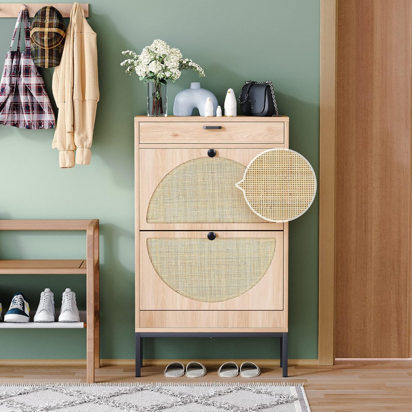 Wooden Entryway Storage Shoe Cabinet with Rattan Doors