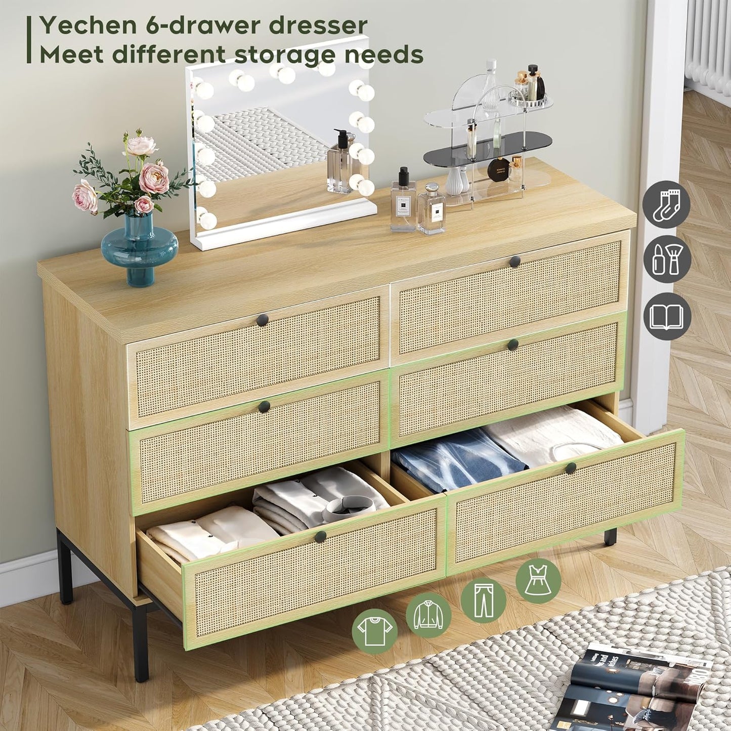 Brafabhome Mid-Century Modern Dresser with Hand-Woven Natural Rattan, Vintage Green Boho 6 Drawer Double Dresser with Wooden Legs