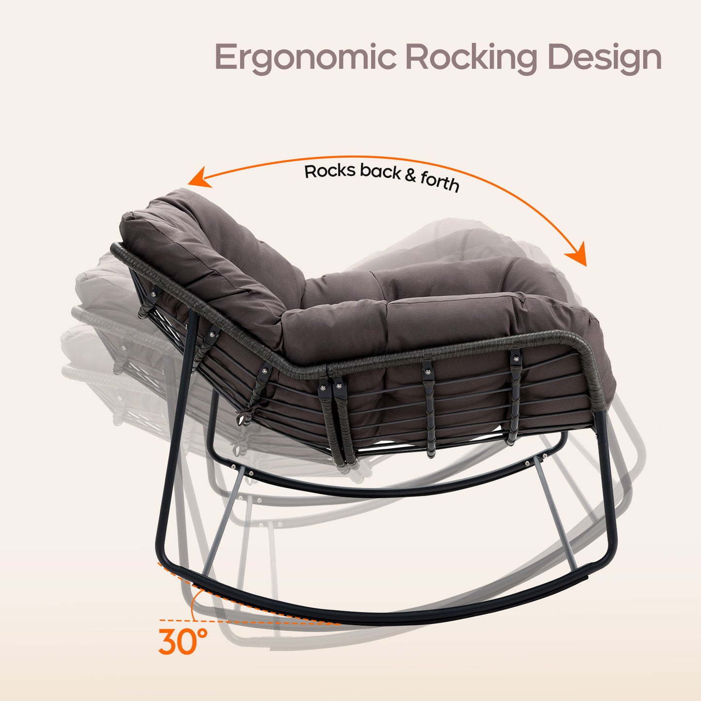 Brafabhome Oversized Patio Rocking Egg Chair with Cushion, 350lbs Heavy Duty Outdoor Rocking Chair, Comfy Recliner for Balcony, Porch, Backyard or Indoor Seating | Grey