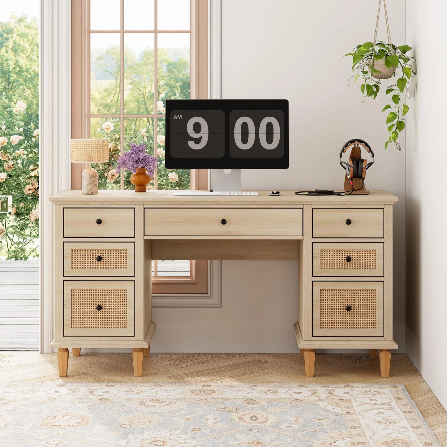 Brafabhome 58"Wood Executive Desk with 7 Storage Drawers Modern Natural Rattan Home Office Computer Desks with Charging Station