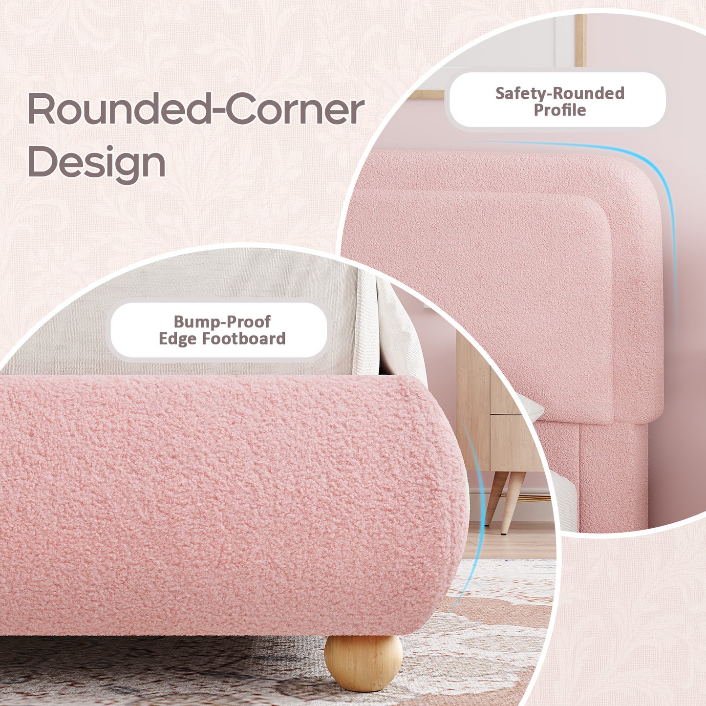 Brafabhome Twin Size Bed Frame with Round Corner Headboard, Soft Boucle Cloud Upholstered Fluffy Platform Bed with Bump-Proof Edge Footboard for Kids, No Box Spring Needed | Pink