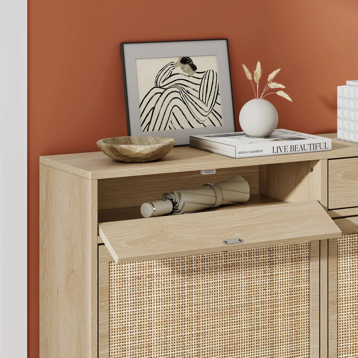 Brafabhome Entryway Wooden Shoe Cabinet with 4 Natural Rattan Doors, 16-Pair Capacity