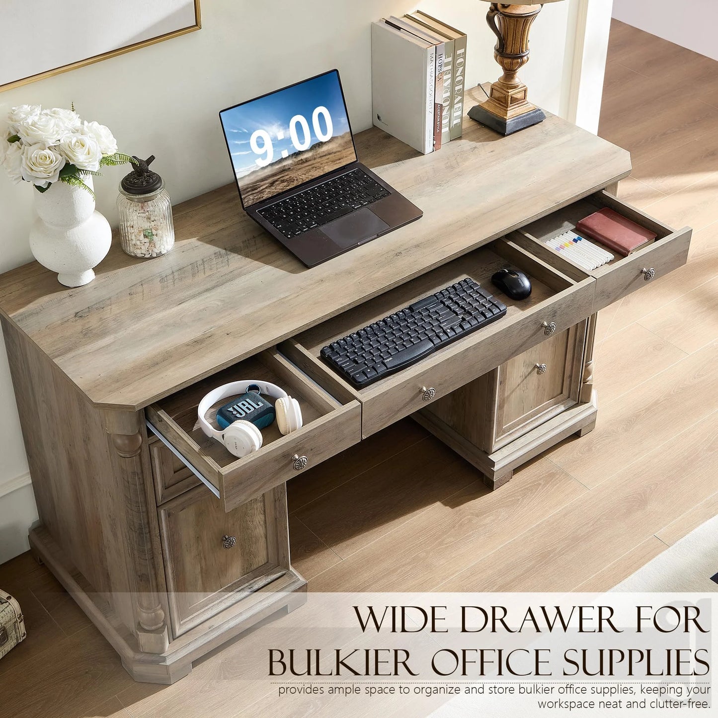 Brafabhome Executive Desk Computer Writing Desks with Charging Station, 55 x 20.5 in, Weathered Reclaimed Oak