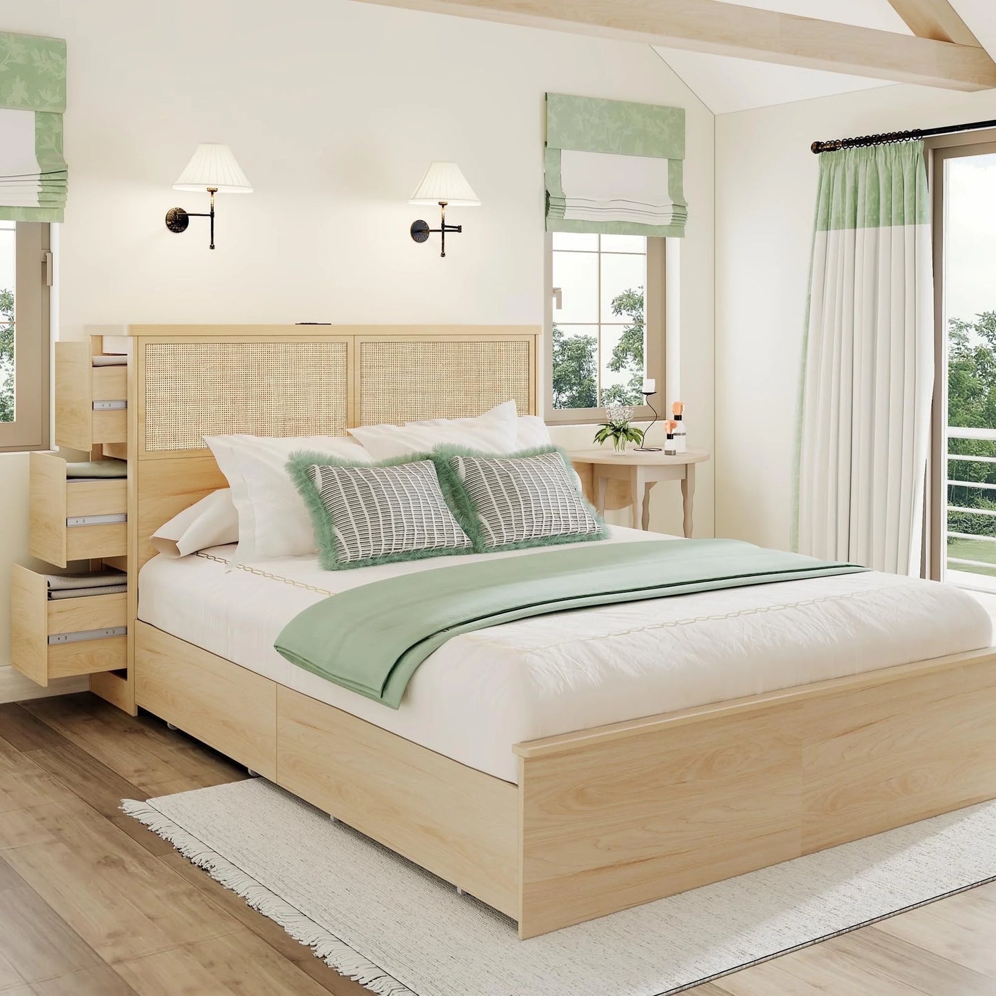 Brafabhome Boho Rattan Queen Beds with Charging Station Headboard, Farmhouse Wood Bed Frames With 10 Storage Drawers for Bedroom Apartment Hotel, No Box Spring Needed