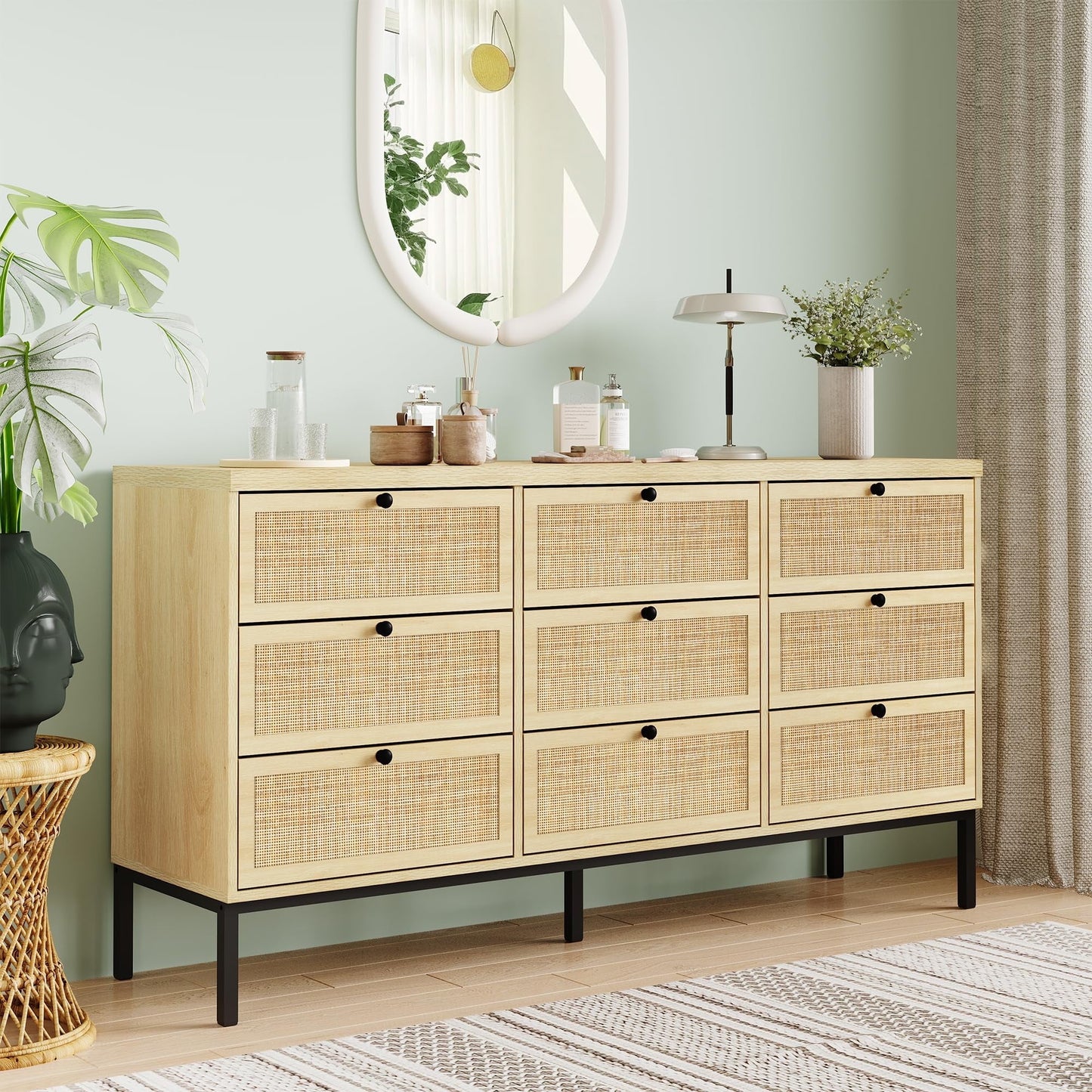 Brafabhome 7 Drawers Natural Rattan Dresser TV Stand Wooden Cane Dressers for Bedroom