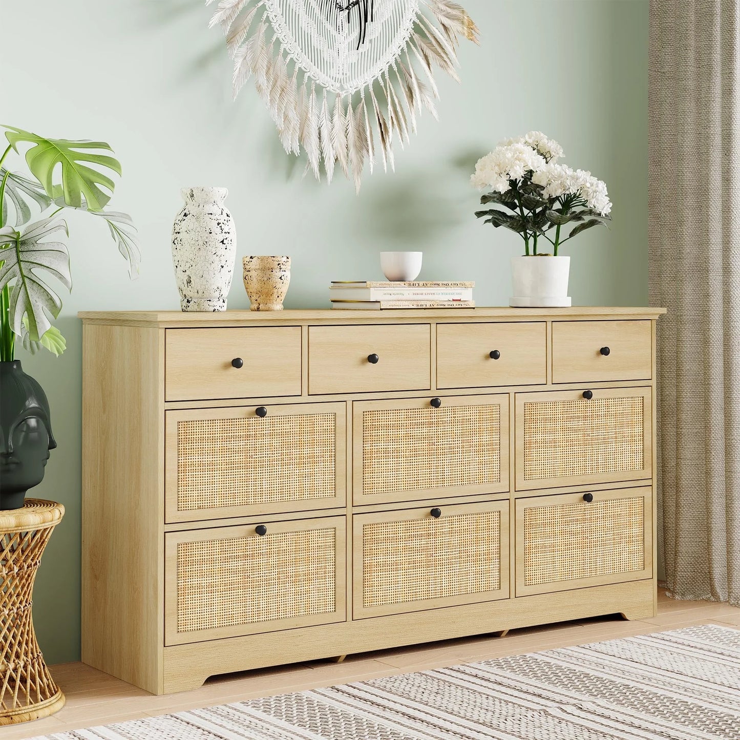 Brafabhome 7 Drawers Natural Rattan Dresser TV Stand Wooden Cane Dressers for Bedroom
