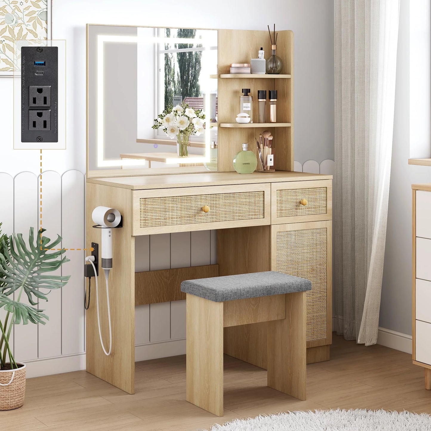 Brafabhome Vintage Boho Vanity Table Set with Adjustable Lighted Mirror and Stool, Modern Dressing Table Set with Drawers and Storage Shelves for Makeup Room Bedroom | Green
