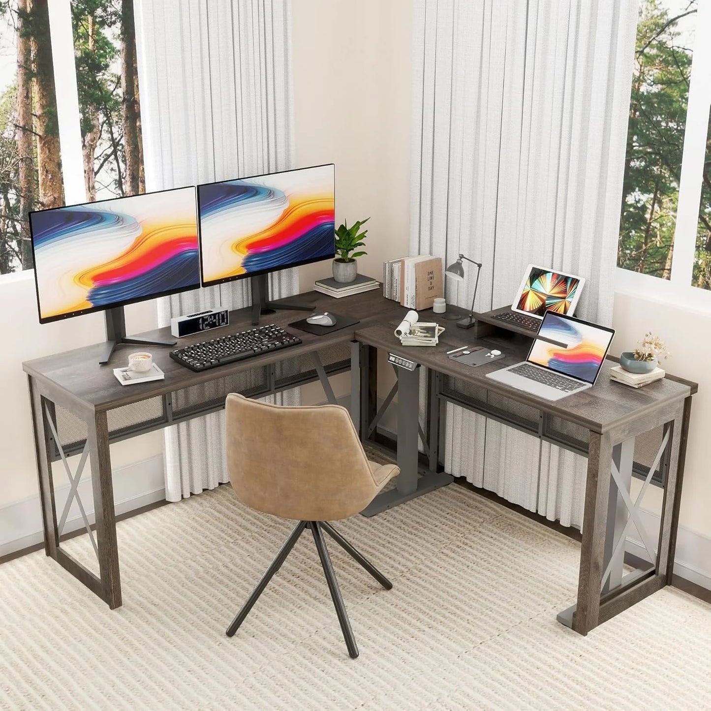 Brafabhome L Shaped Adjustable Standing Desk with Power Outlets, 61 Inch Electric Computer Desk for Work Office Home