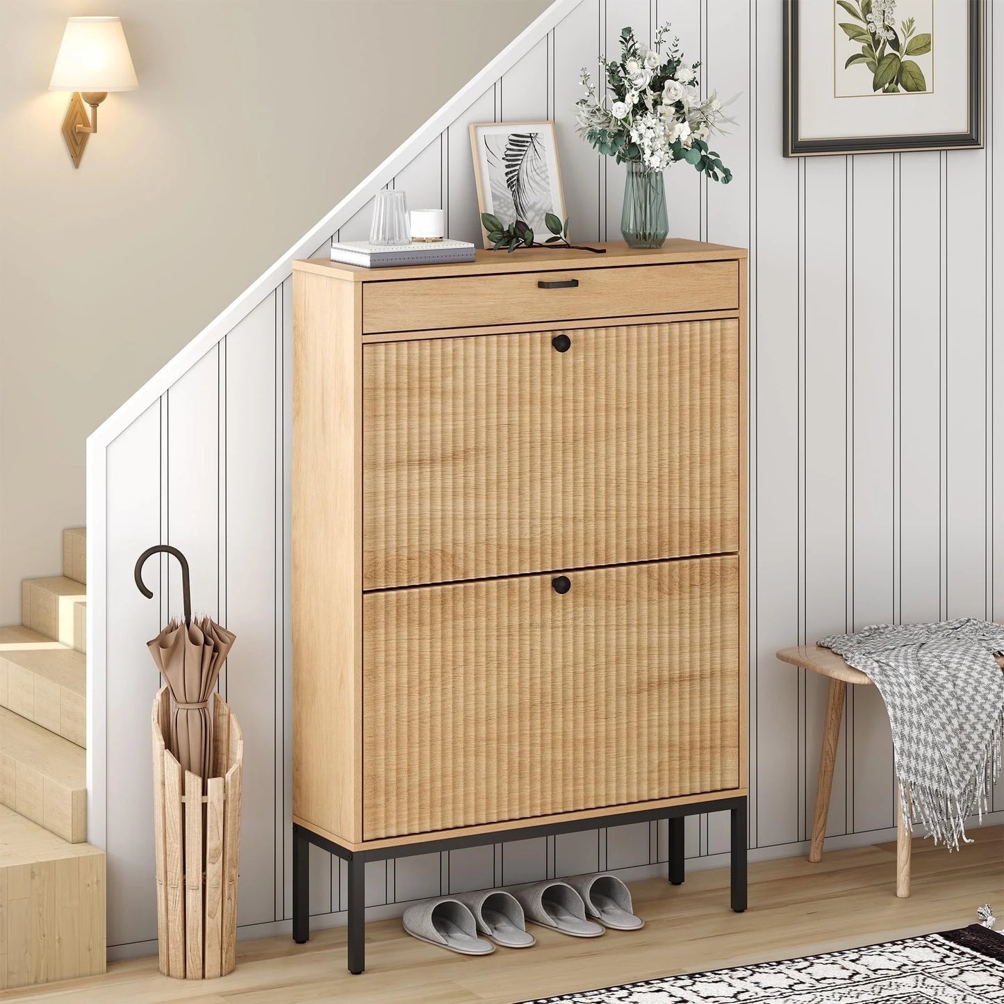 Brafabhome Shoe Storage Cabinet Slim Entryway Shoe Organizer with Half linear Circle Doors