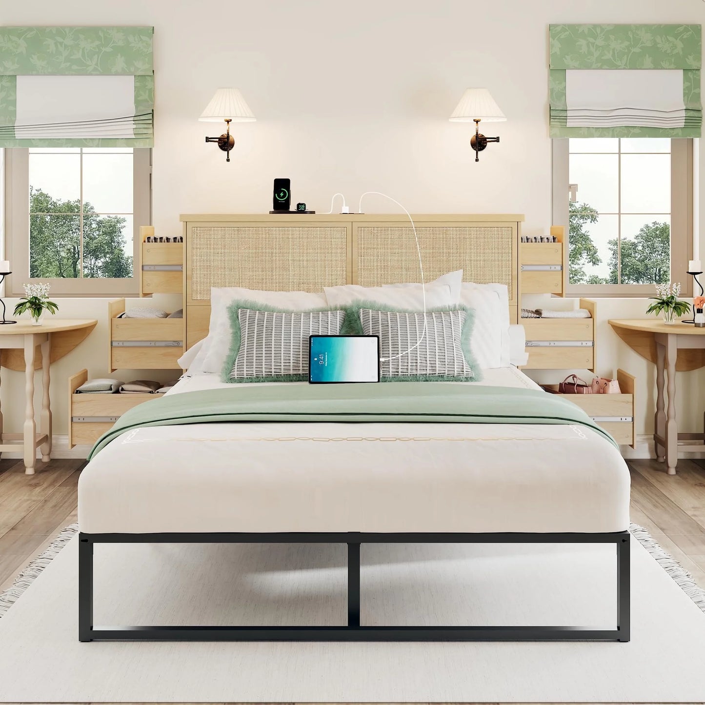 Brafabhome Boho Rattan Queen Beds with Charging Station Headboard, Farmhouse Wood Bed Frames With 10 Storage Drawers for Bedroom Apartment Hotel, No Box Spring Needed