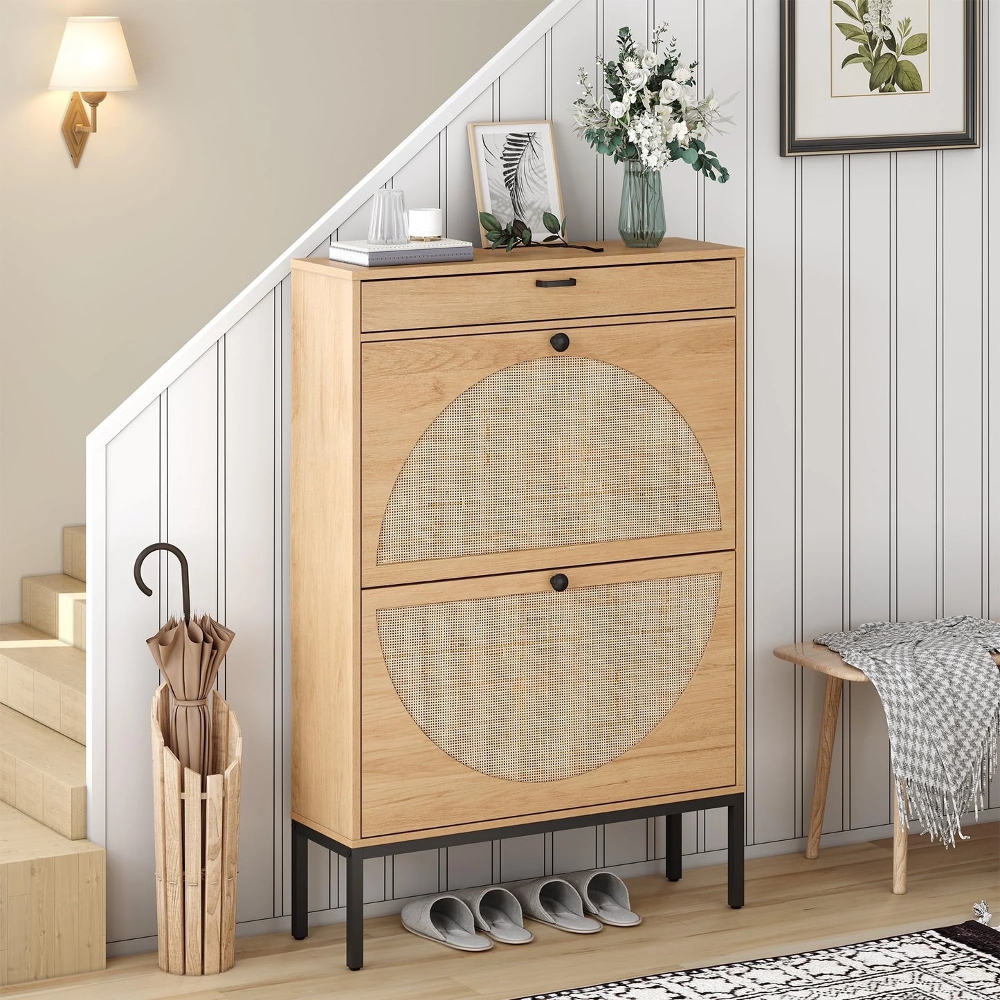 Brafabhome Shoe Storage Cabinet, Slim Entryway Upgraded Large Shoe Organizer with Rattan Doors