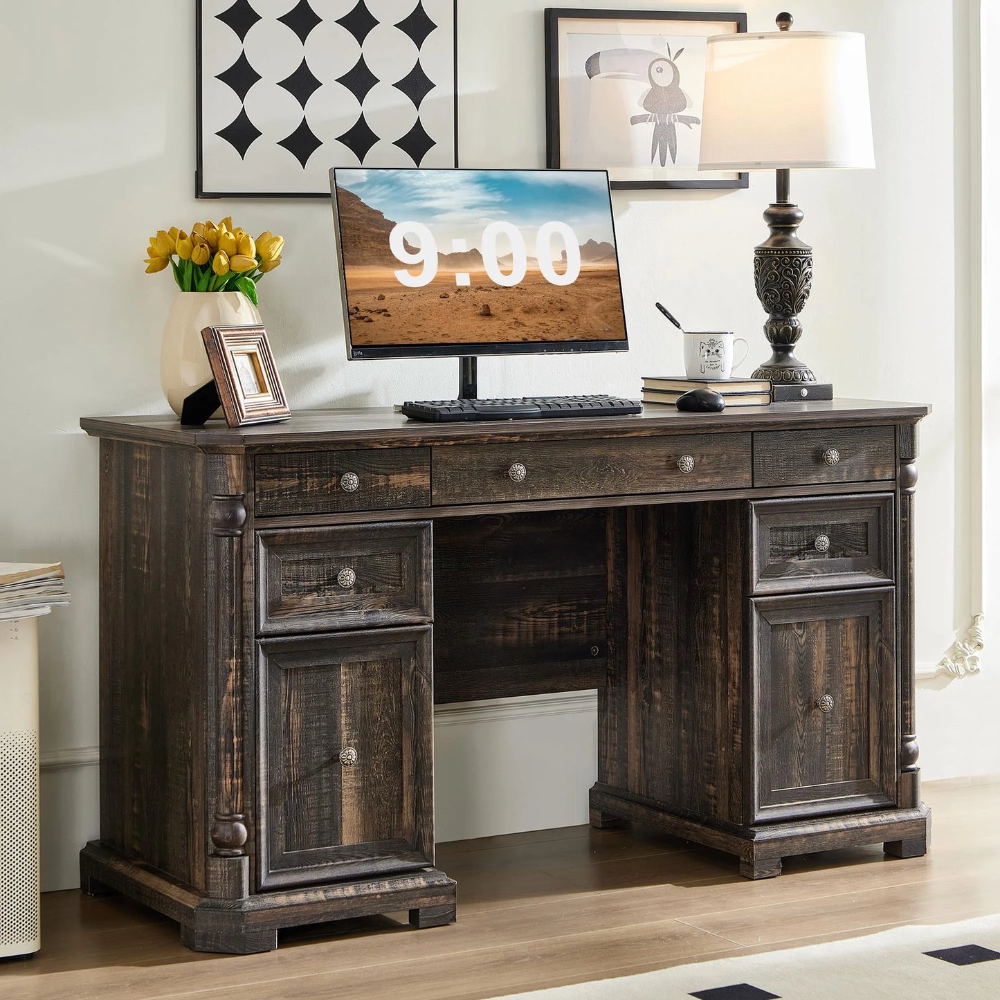 Brafabhome Executive Desk Computer Writing Desks with Charging Station, 55 x 20.5 in, Weathered Reclaimed Oak