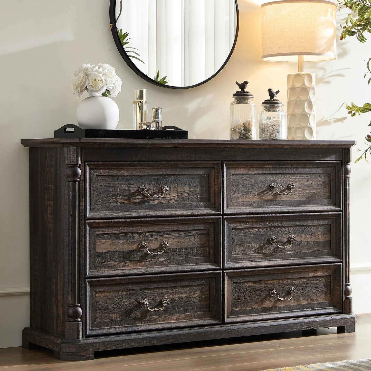 6 Drawer Dresser for Bedroom with Shelves Storage, 47'' Wide Farmhouse Thickened Wood Chest of Drawers, 35'' Tall Mid Century Modern Dressers Organizer for Living Room, Closet, Hallway