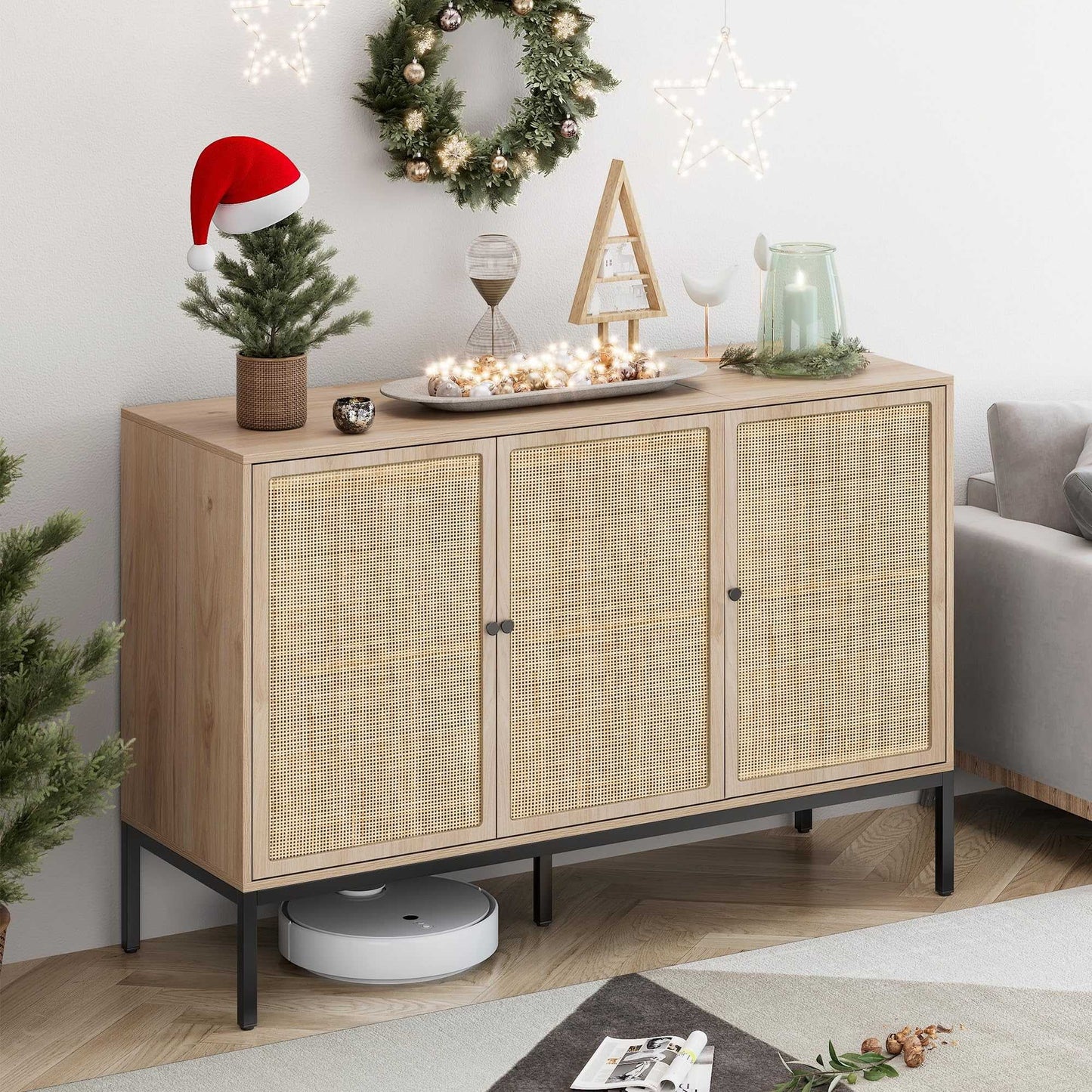 Brafabhome Sideboard Storage Cabinet with Handmade Natural Rattan Doors, Buffet Cabinet with Storage, for Living Room, Dining Room, Entryway, Kitchen