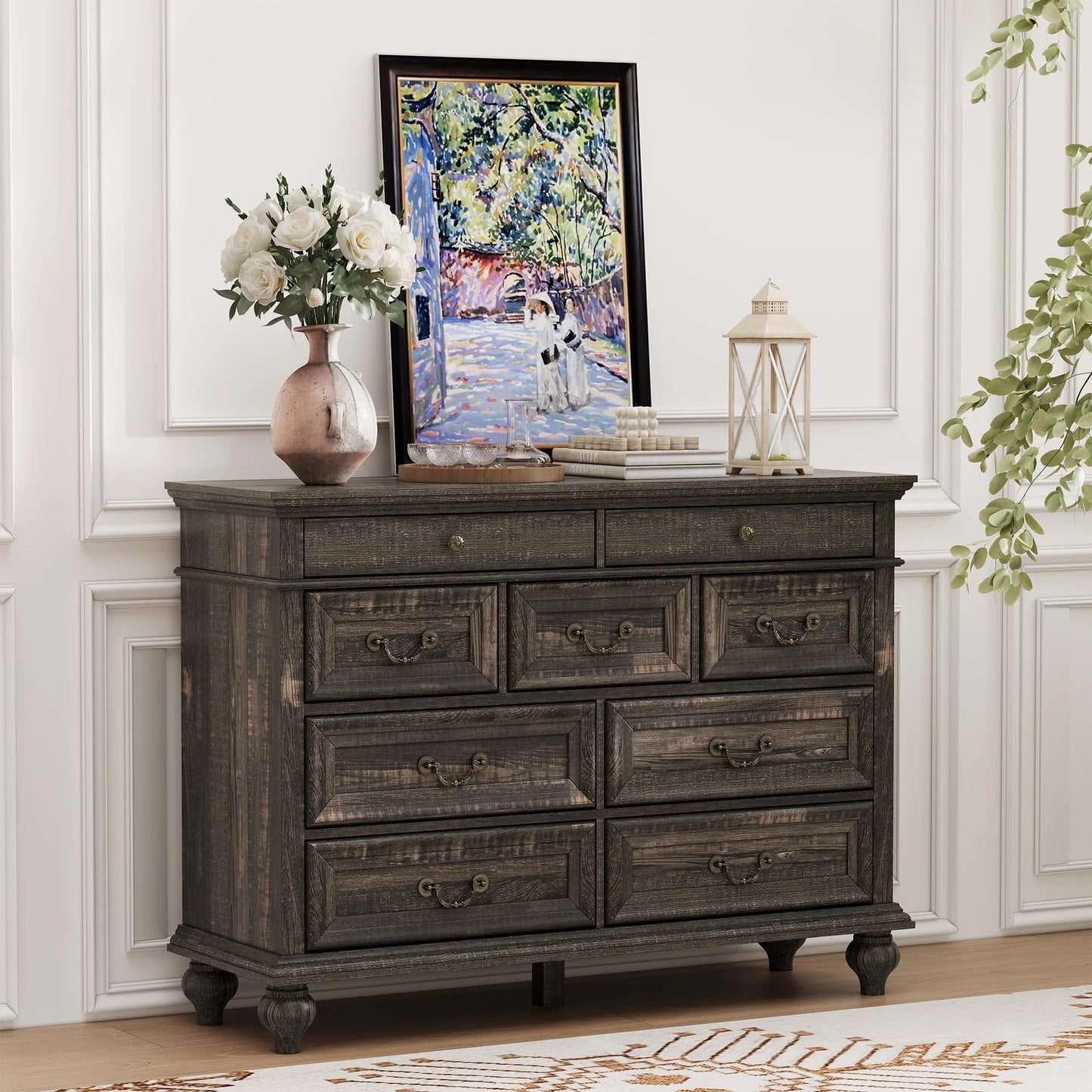 6 Drawer Dresser for Bedroom with Shelves Storage, 47'' Wide Farmhouse Thickened Wood Chest of Drawers, 35'' Tall Mid Century Modern Dressers Organizer for Living Room, Closet, Hallway