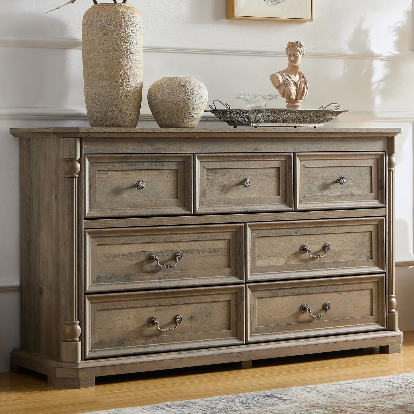 6 Drawer Dresser for Bedroom with Shelves Storage, 47'' Wide Farmhouse Thickened Wood Chest of Drawers, 35'' Tall Mid Century Modern Dressers Organizer for Living Room, Closet, Hallway