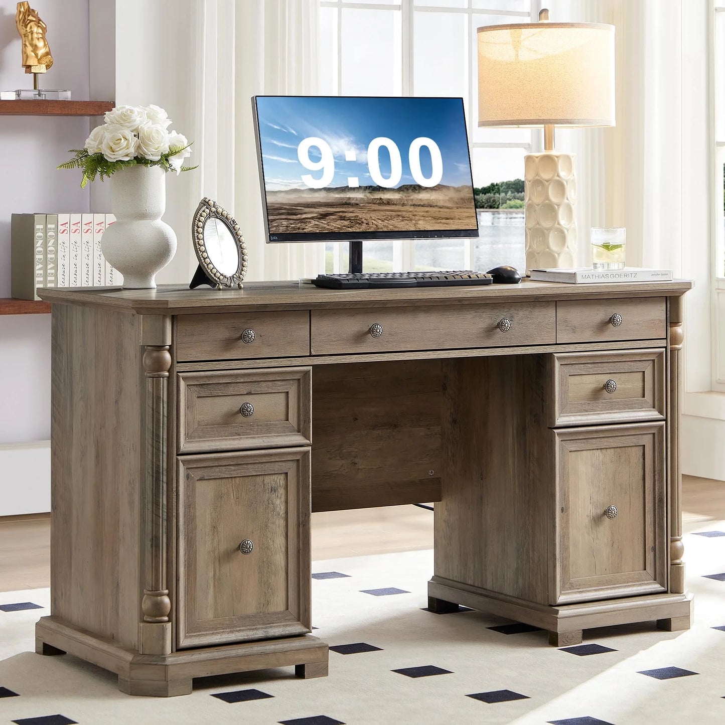 Brafabhome Executive Desk Computer Writing Desks with Charging Station, 55 x 20.5 in, Weathered Reclaimed Oak