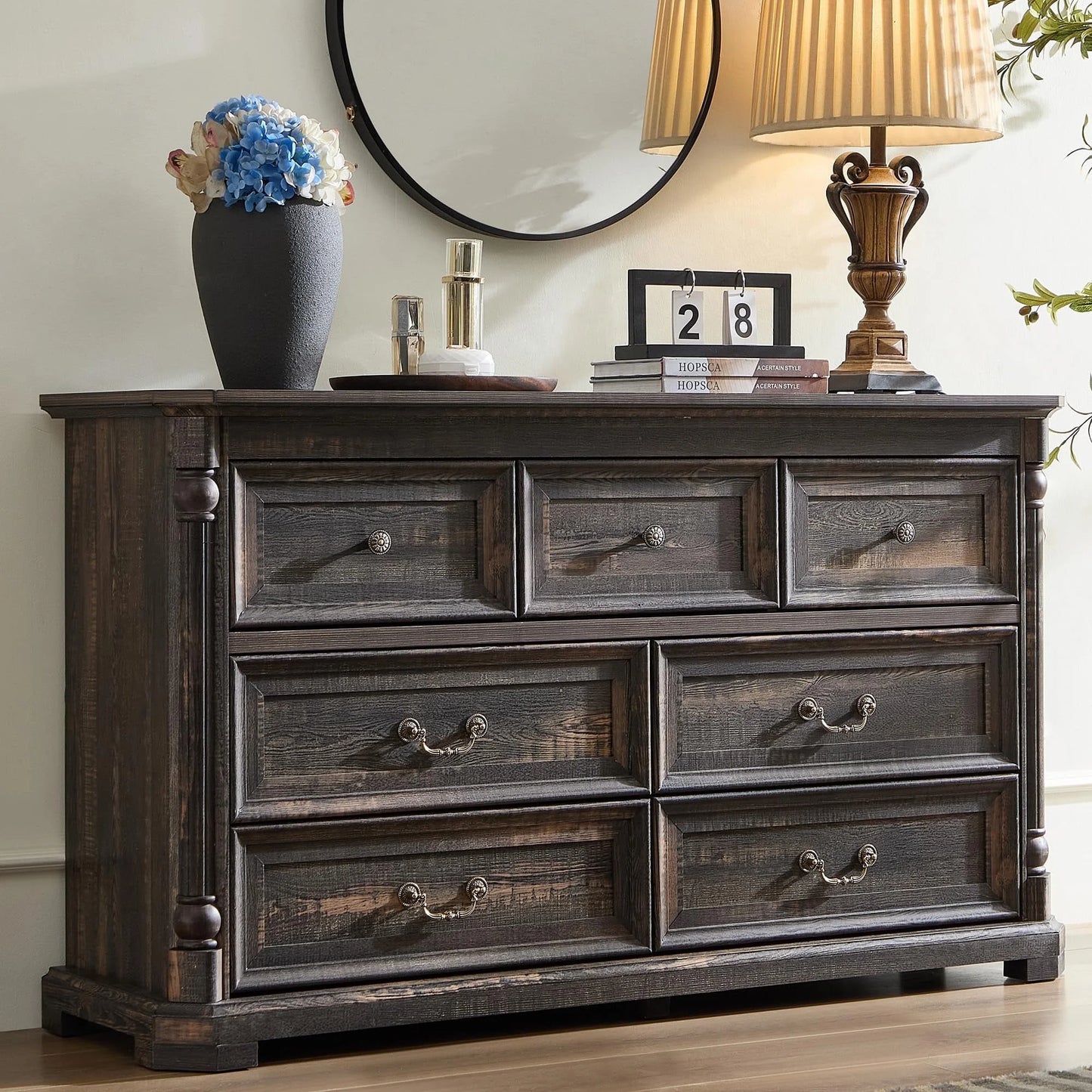 6 Drawer Dresser for Bedroom with Shelves Storage, 47'' Wide Farmhouse Thickened Wood Chest of Drawers, 35'' Tall Mid Century Modern Dressers Organizer for Living Room, Closet, Hallway
