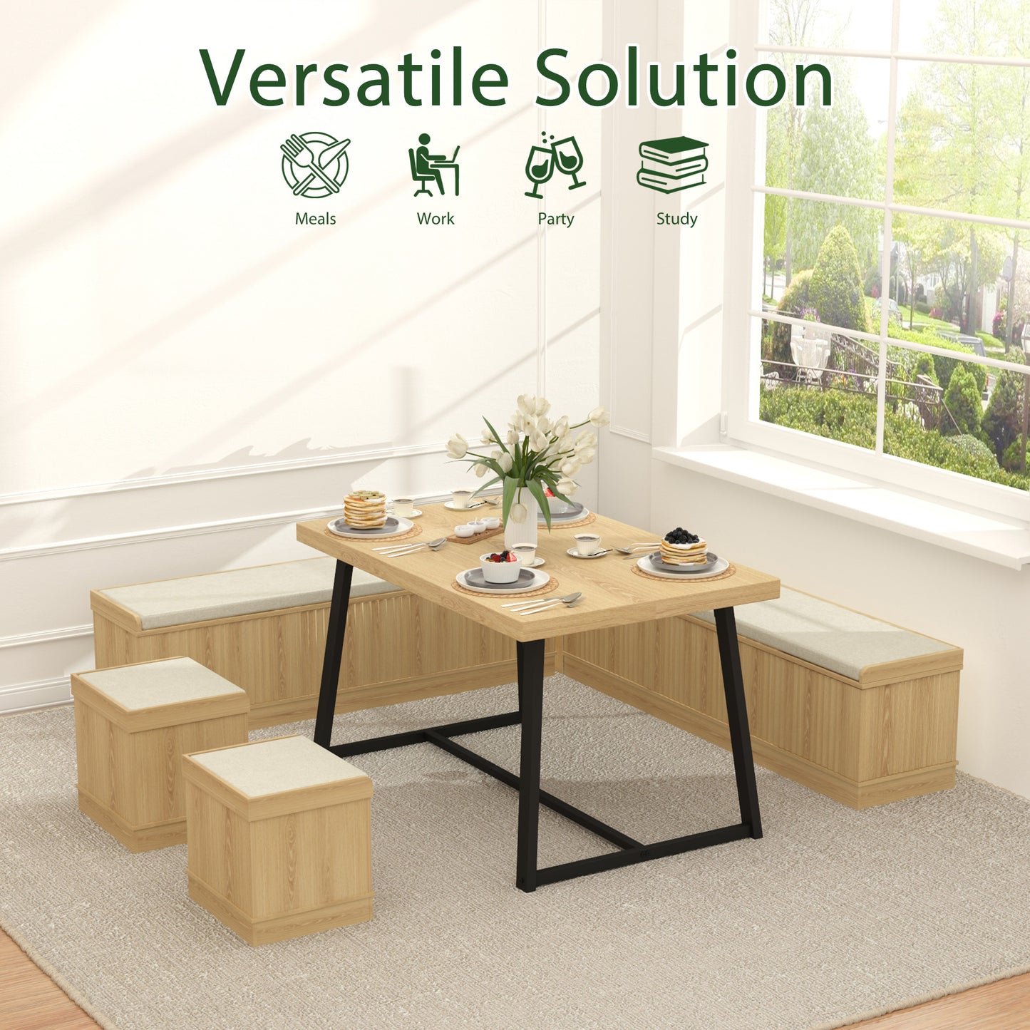 Brafabhome 6 PCS Dining Table Set with Storage Bench, Modern Corner Breakfast Nook with Cushions Stool for 6, Suitable for Kitchen and Dining Room