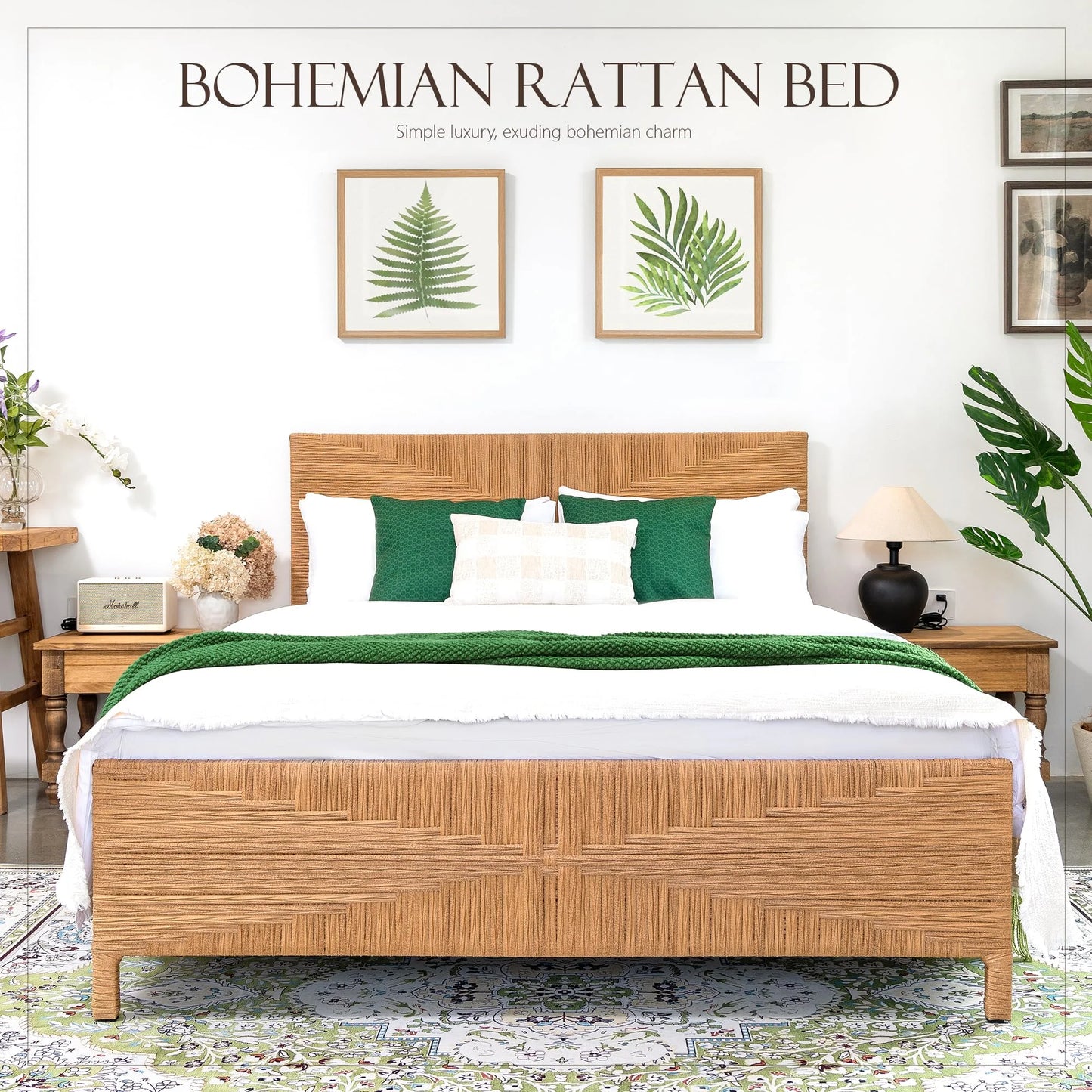Brafabhome Rattan Queen Bed Frame with Headboard and Footboard