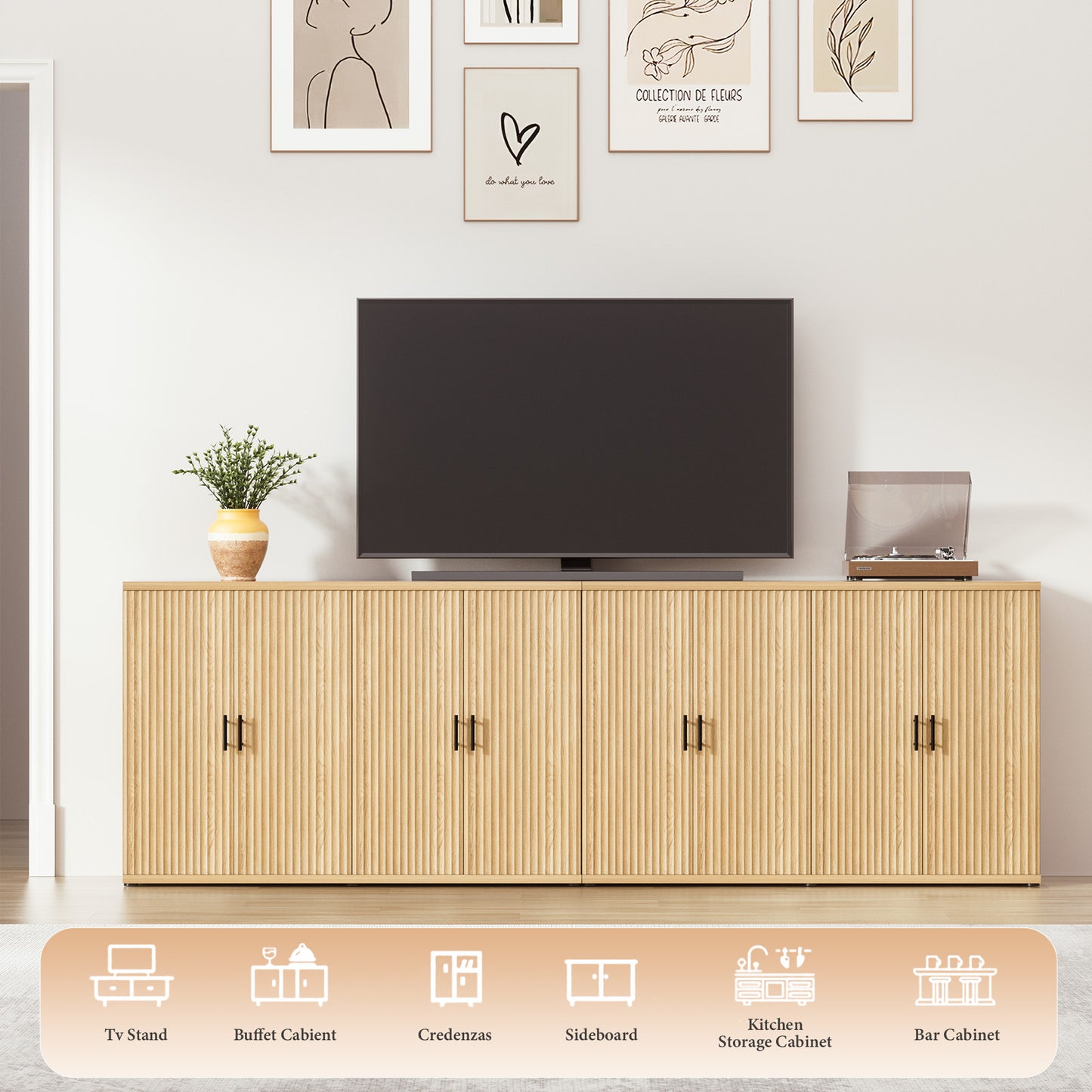 Brafabhome Accent Fluted Sideboard Buffet Cabinet with 4 Doors, Modern Credenza Storage Cabinet with Adjustable & Removable Shelves for Living Room Dinning Room Entryway