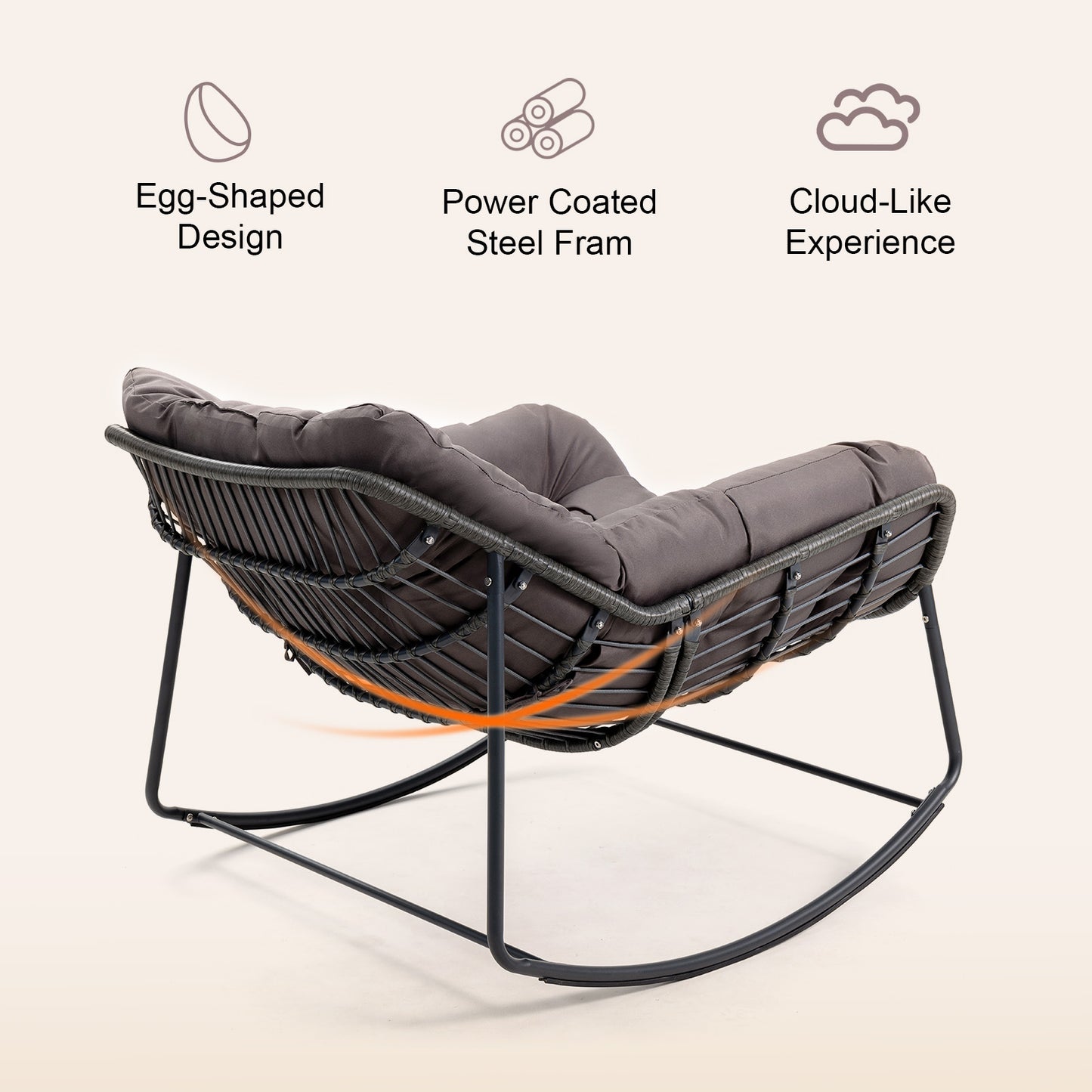 Brafabhome Oversized Patio Rocking Egg Chair with Cushion, 350lbs Heavy Duty Outdoor Rocking Chair, Comfy Recliner for Balcony, Porch, Backyard or Indoor Seating | Grey