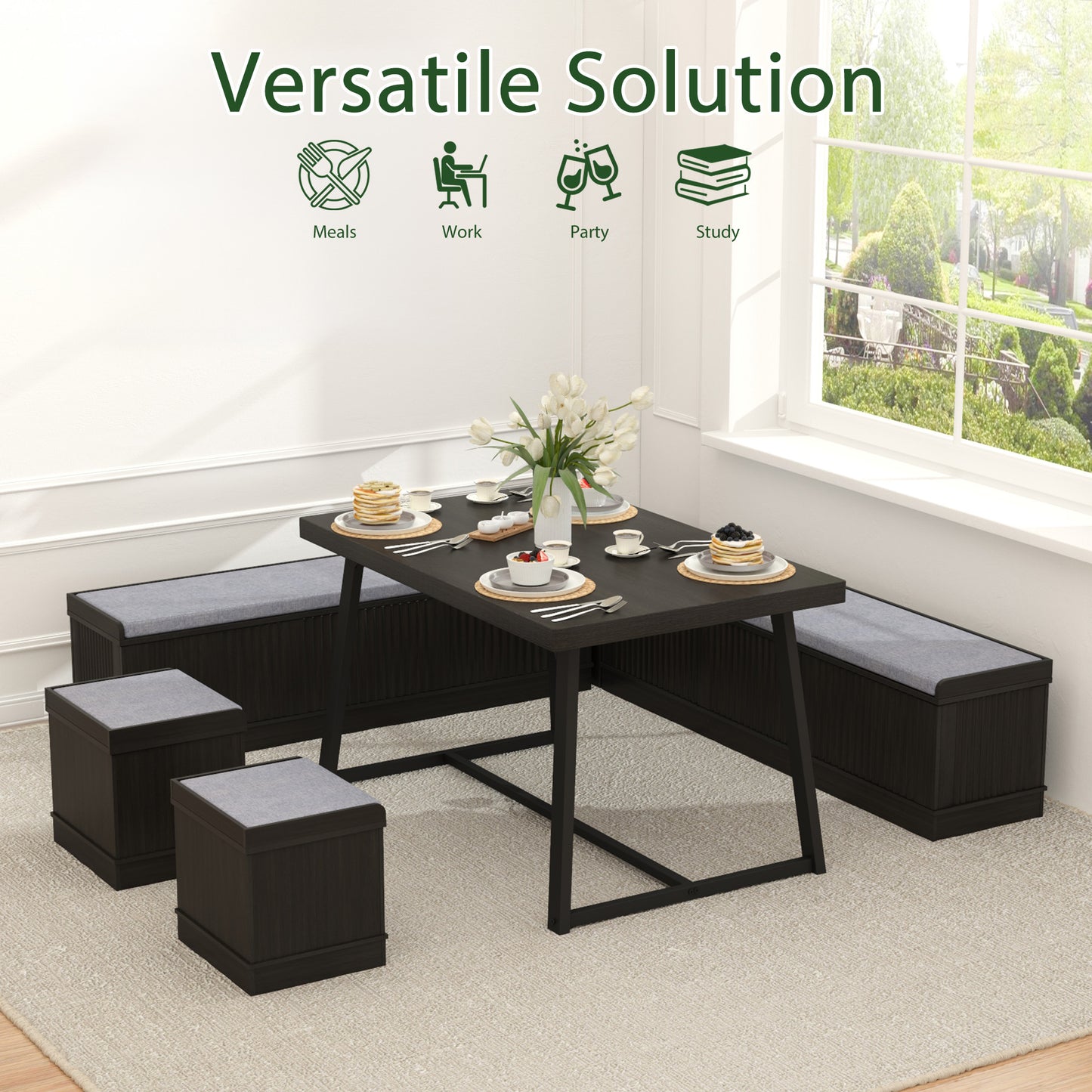 Brafabhome 6 PCS Dining Table Set with Storage Bench, Modern Corner Breakfast Nook with Cushions Stool for 6, Suitable for Kitchen and Dining Room