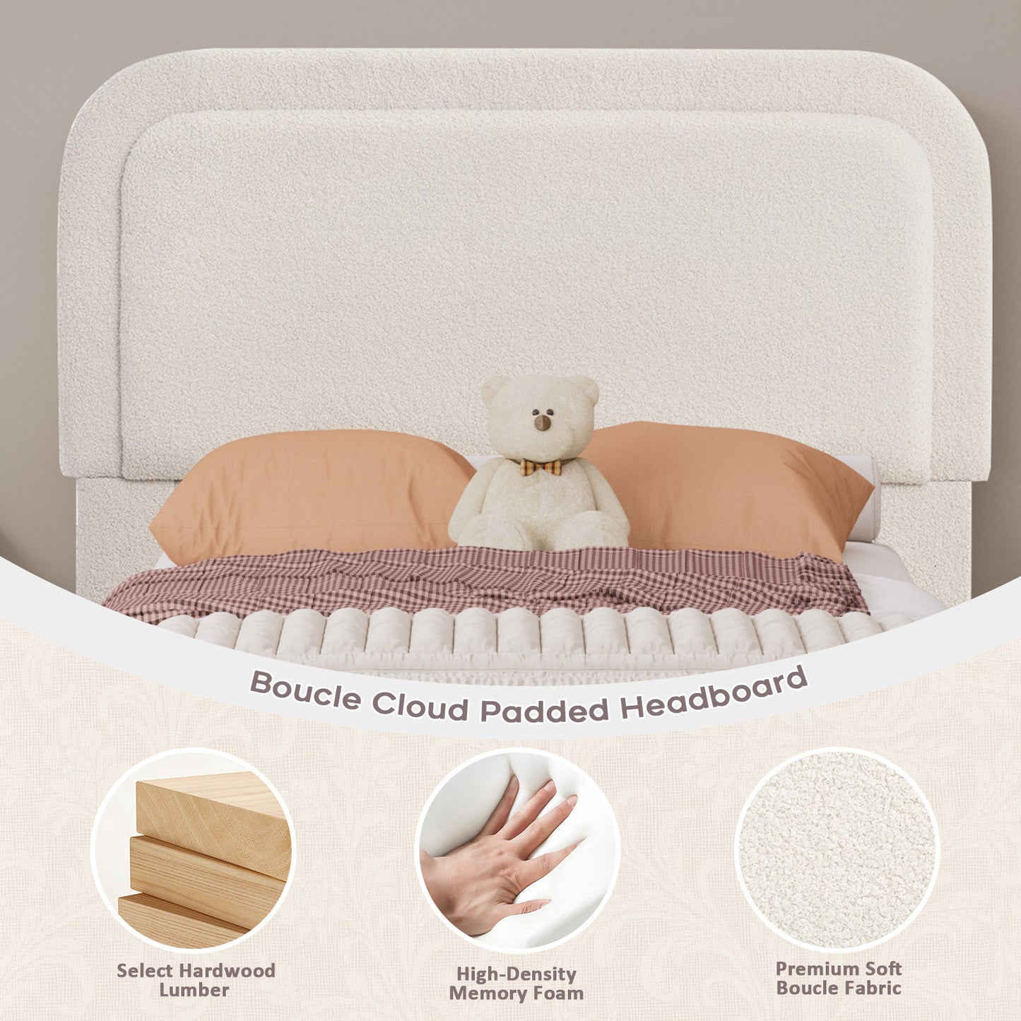 Brafabhome Twin Size Bed Frame with Round Corner Headboard, Soft Boucle Cloud Upholstered Fluffy Platform Bed with Bump-Proof Edge Footboard for Kids, No Box Spring Needed | Pink