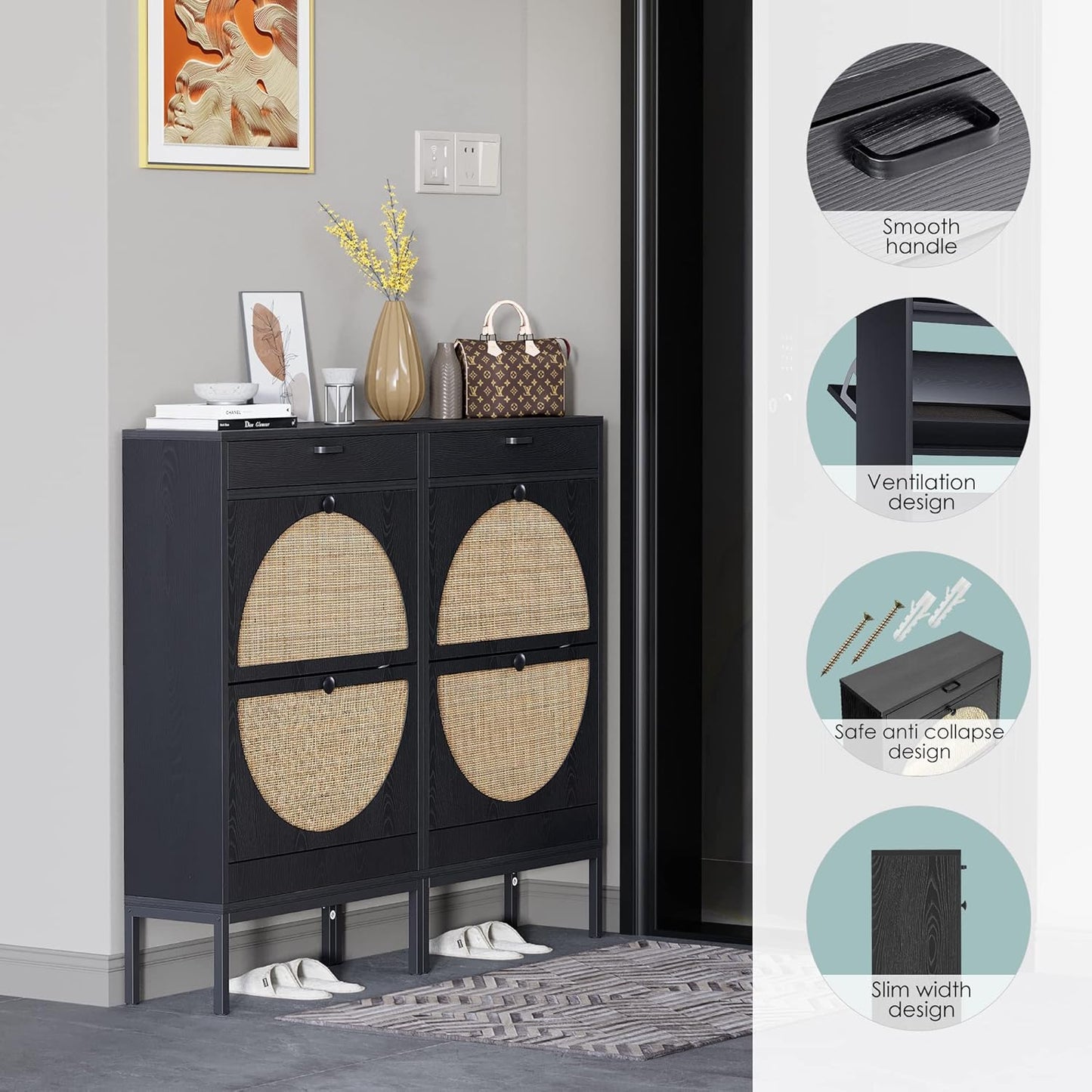 Wooden Entryway Storage Shoe Cabinet with Rattan Doors