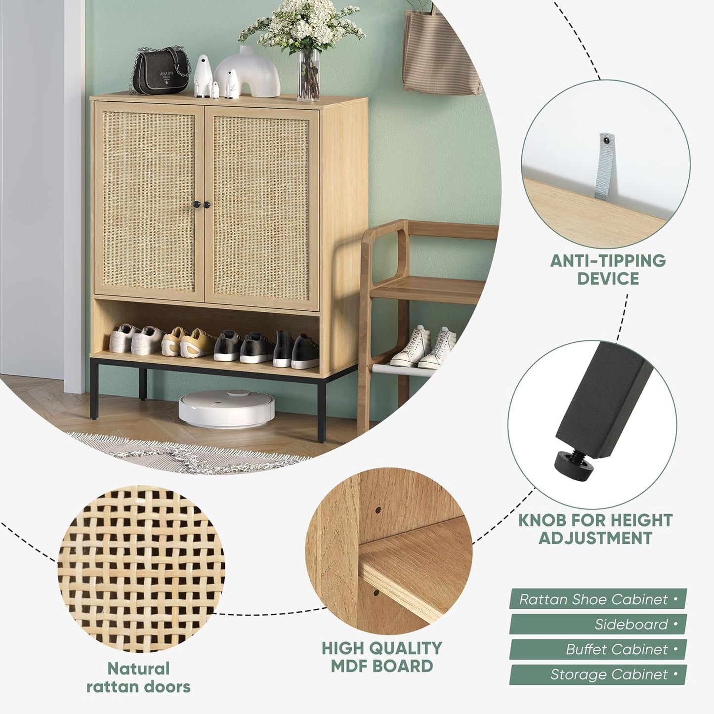 Brafabhome 5-Tier Natural Rattan Entryway Shoe Storage Cabinet with Doors