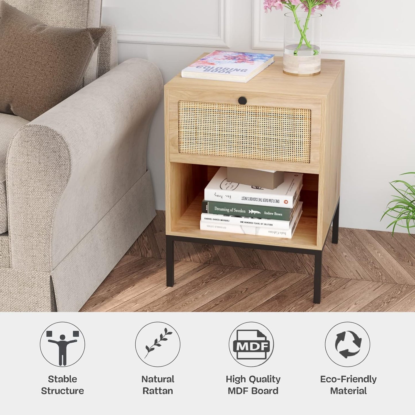 brafabhome Bohemian Rattan Nightstand Set of 2, Wood Bedside Table with Drawers for Bedroom Living Room, Beige